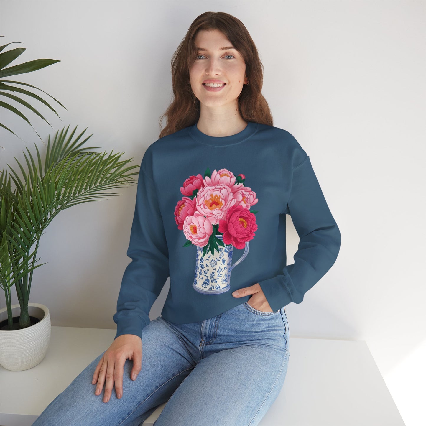 Pink Peonies in Blue Vintage Vase Floral Sweatshirt • Cottagecore Garden Bouquet Crewneck • Botanical Apparel