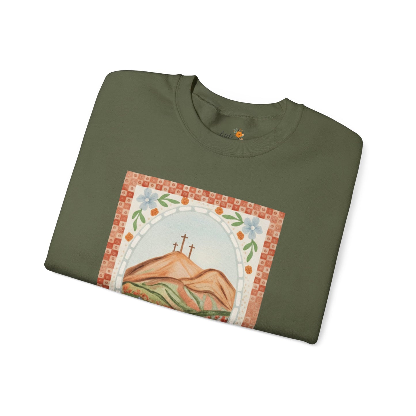 Easter Landscape Faith Sweatshirt (Front Only) • Christian Mountain Cross Crewneck • Floral Resurrection Scene Graphic