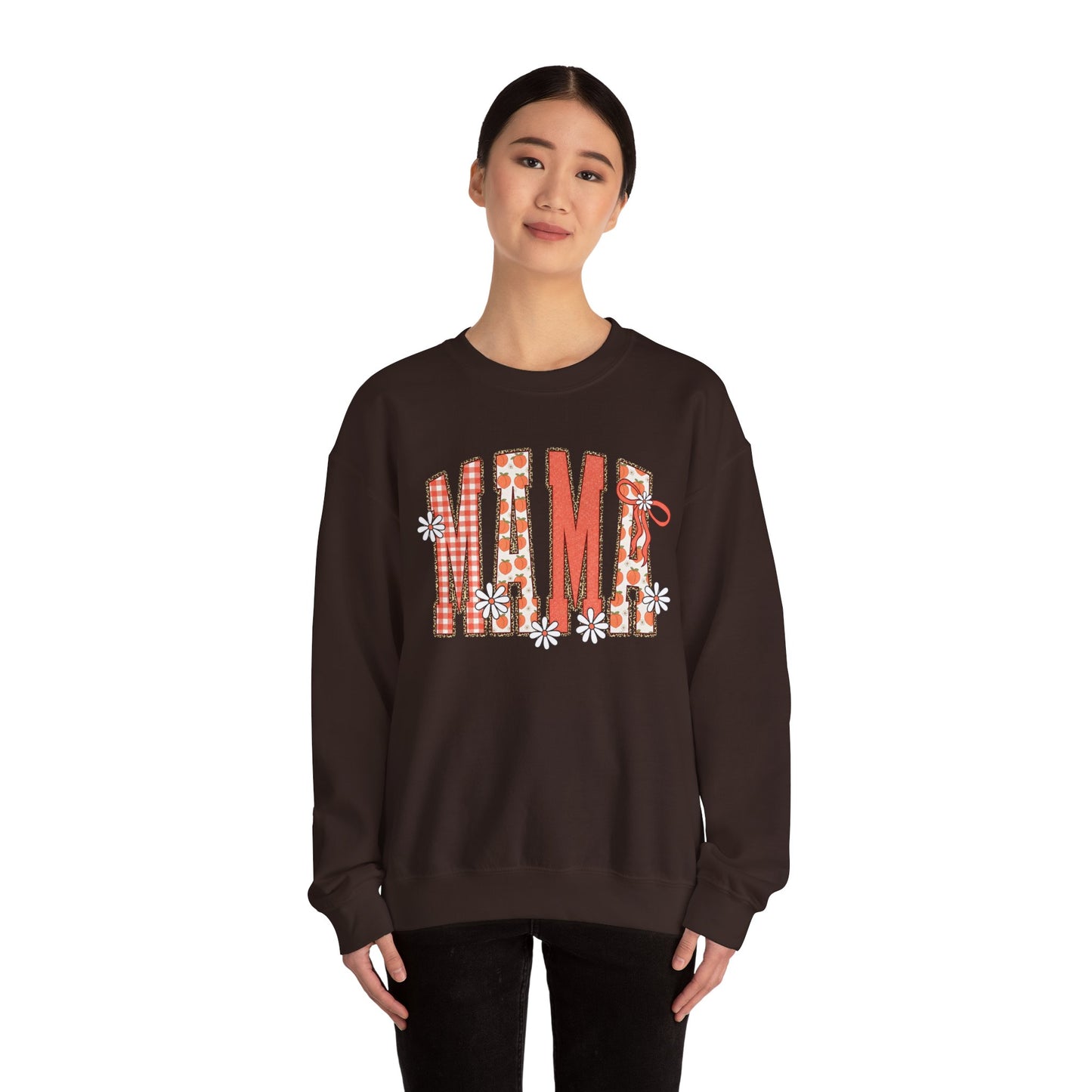 Daisy Peach MAMA Floral Sweatshirt • Spring Graphic Crew • Peach Gingham Mom pullover • Feminine Boutique Everyday Outfit