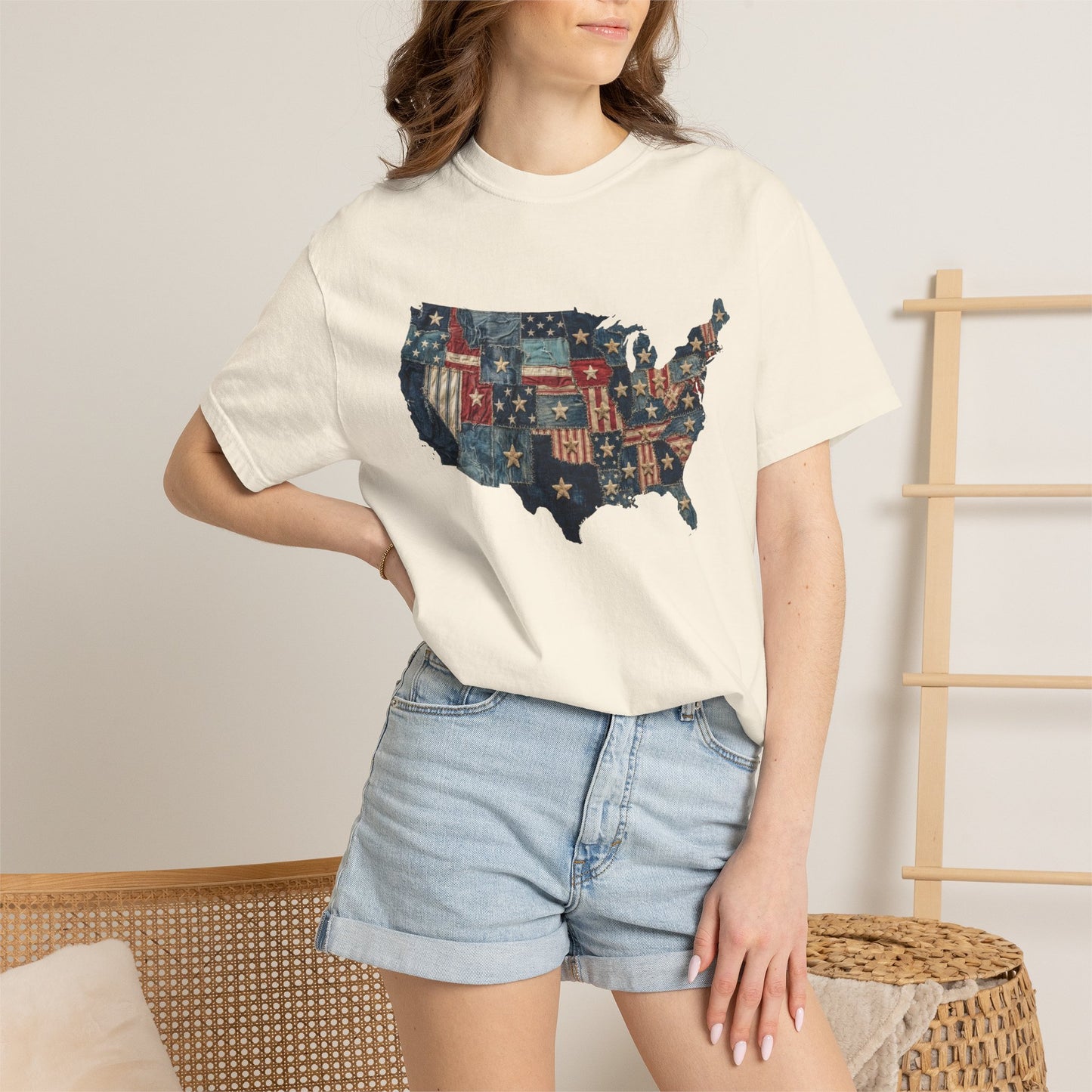 Denim American Flag T-Shirt • USA Patchwork Map Tee • Patriotic Vintage Stars Graphic Shirt