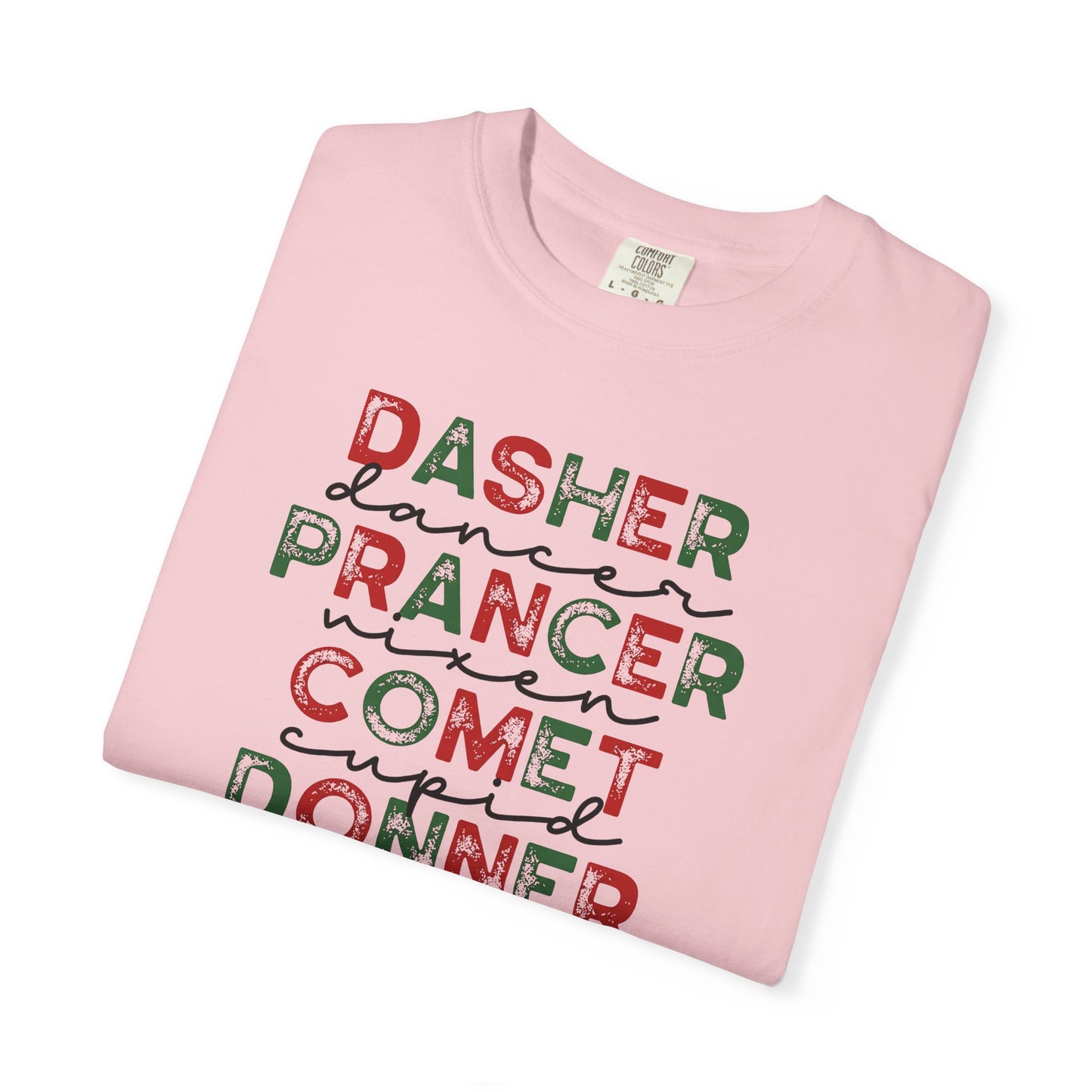 Reindeer Names Christmas T-Shirt — Dasher, Dancer, Prancer, Vixen, Comet, Cupid, Donner, Rudolph