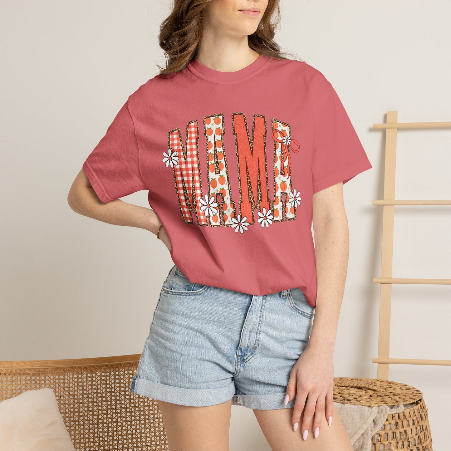 Daisy Peach MAMA Floral Shirt • Spring Graphic Tee • Peach Gingham Mom Shirt • Feminine Boutique Everyday Outfit