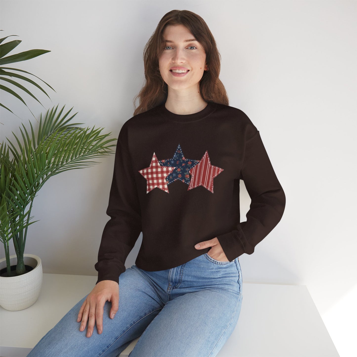 4th of July Patchwork Star Sweatshirt for Summer nights • Floral Gingham Red White Blue USA Crewneck • Patriotic Outfit