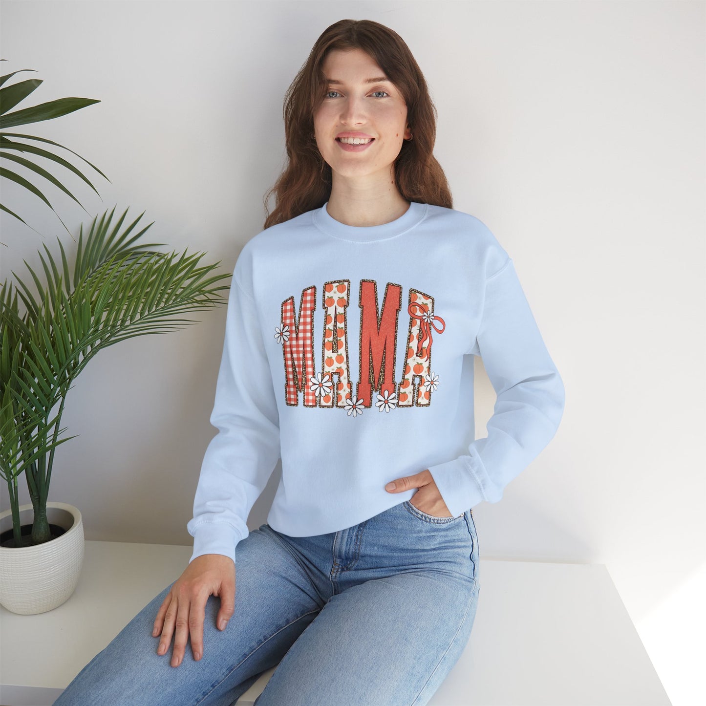 Daisy Peach MAMA Floral Sweatshirt • Spring Graphic Crew • Peach Gingham Mom pullover • Feminine Boutique Everyday Outfit