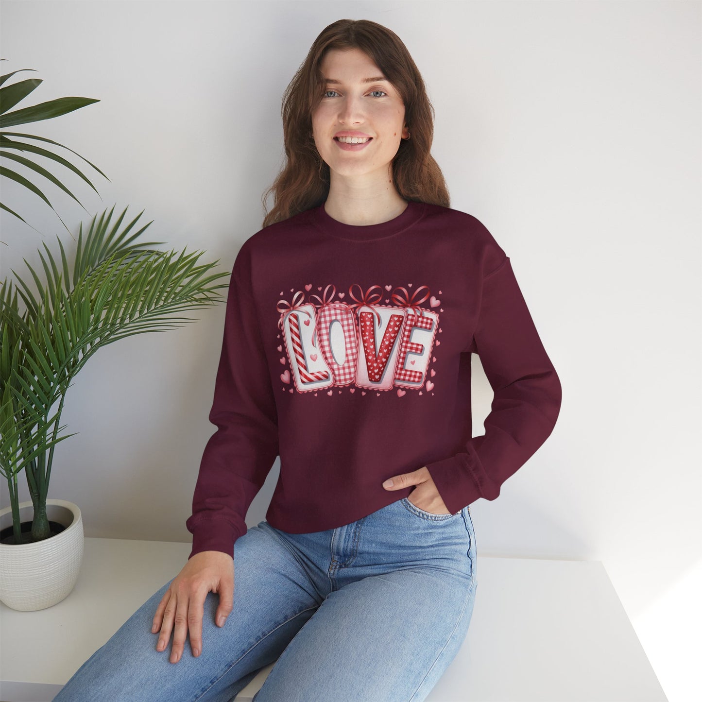 Valentine LOVE Sweatshirt with Coquette Bows and Patchwork Letters • Girly Romantic Aesthetic