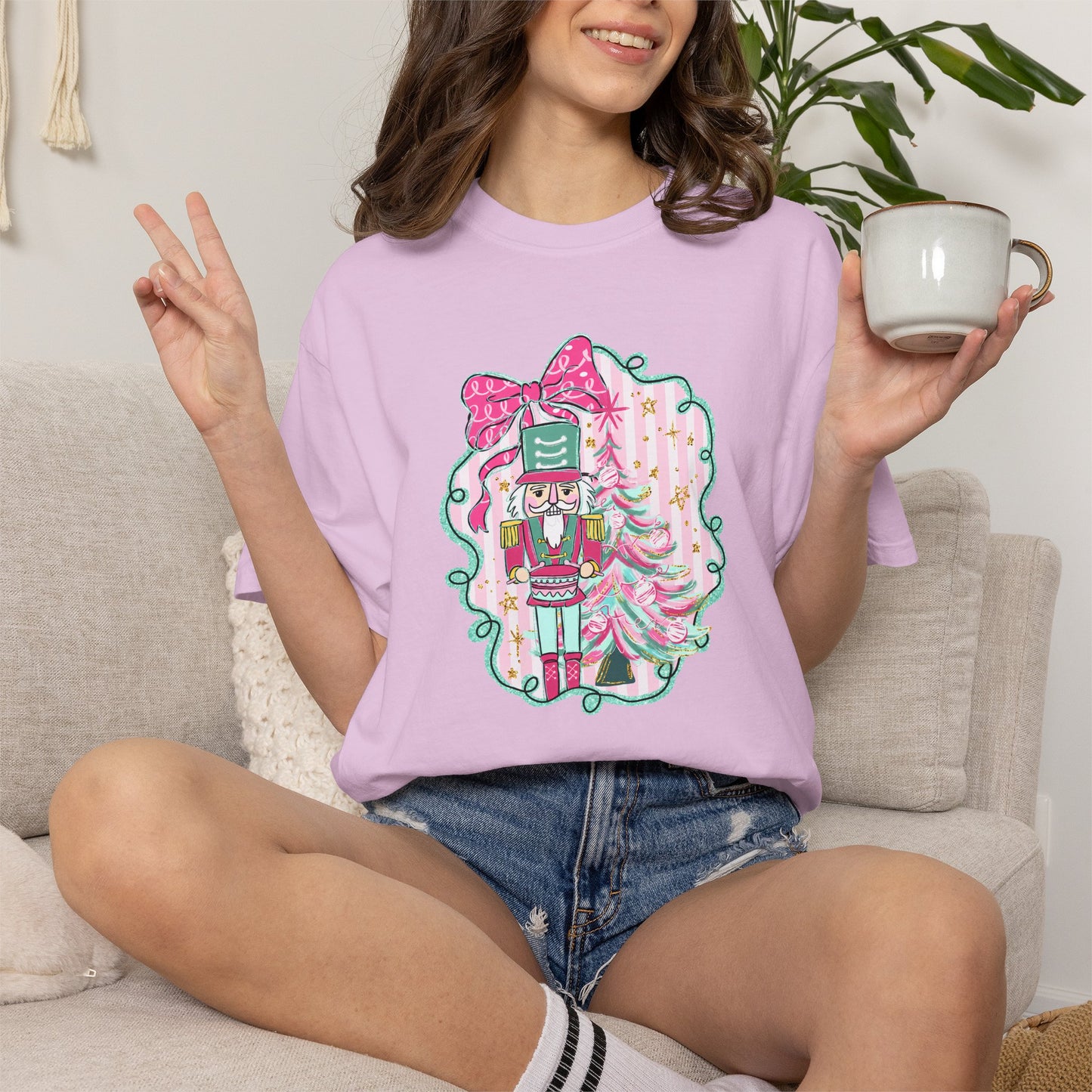 Nutcracker Christmas T-Shirt — Cute Pink Nutcracker with Ribbon Holiday Tee