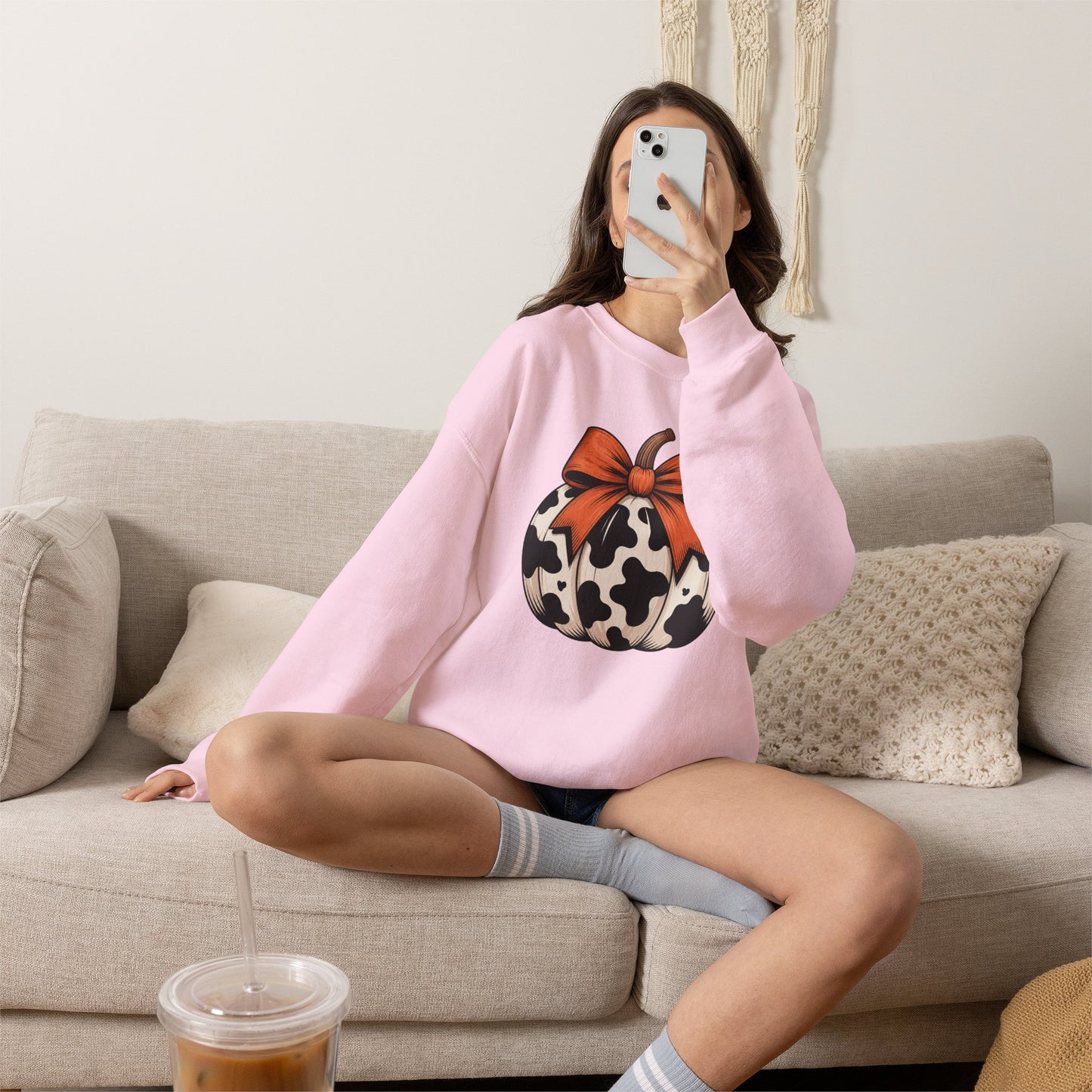 Cow print Pumpkin Sweatshirt — Halloween Fall Crewneck with Orange Bow