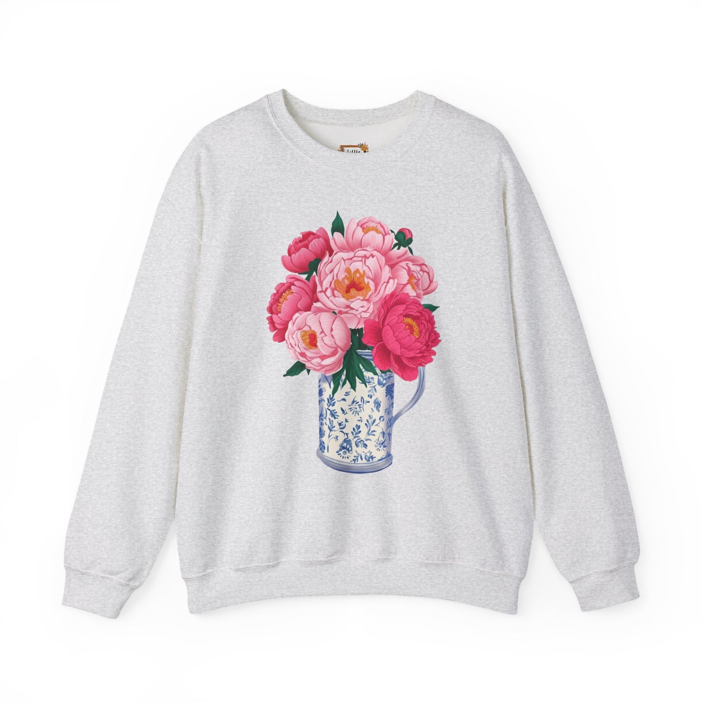 Pink Peonies in Blue Vintage Vase Floral Sweatshirt • Cottagecore Garden Bouquet Crewneck • Botanical Apparel
