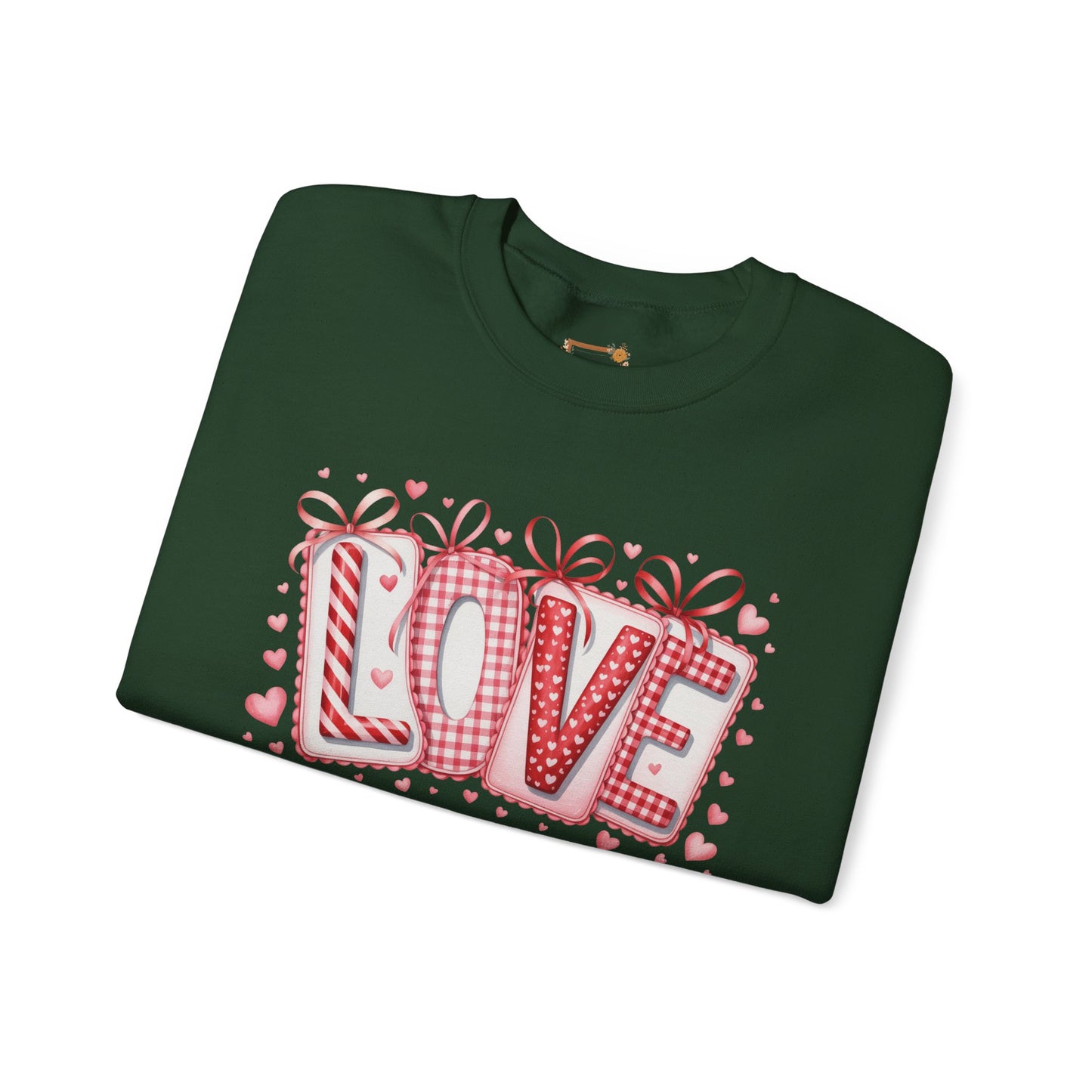 Valentine LOVE Sweatshirt with Coquette Bows and Patchwork Letters • Girly Romantic Aesthetic