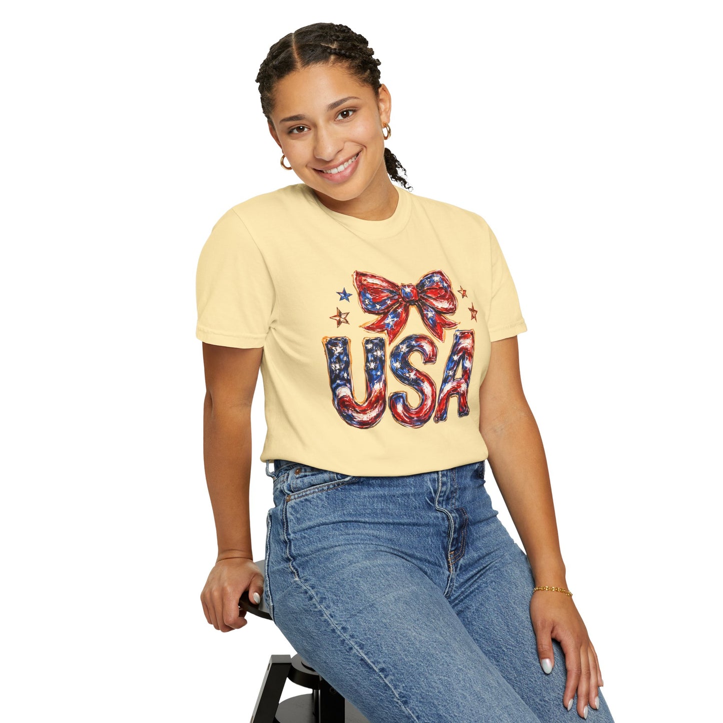 USA Coquette Bow T-Shirt • Red White Blue Patriotic Graphic Tee • Fourth of July Shirt