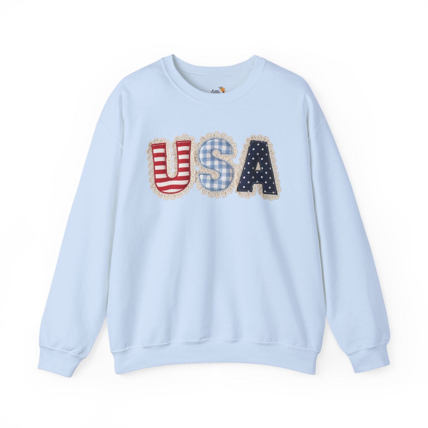 Feux Laced USA Patchwork Sweatshirt • Preppy Patriotic Crewneck • Coquette Americana Sweatshirt • Red White Blue Mama Style