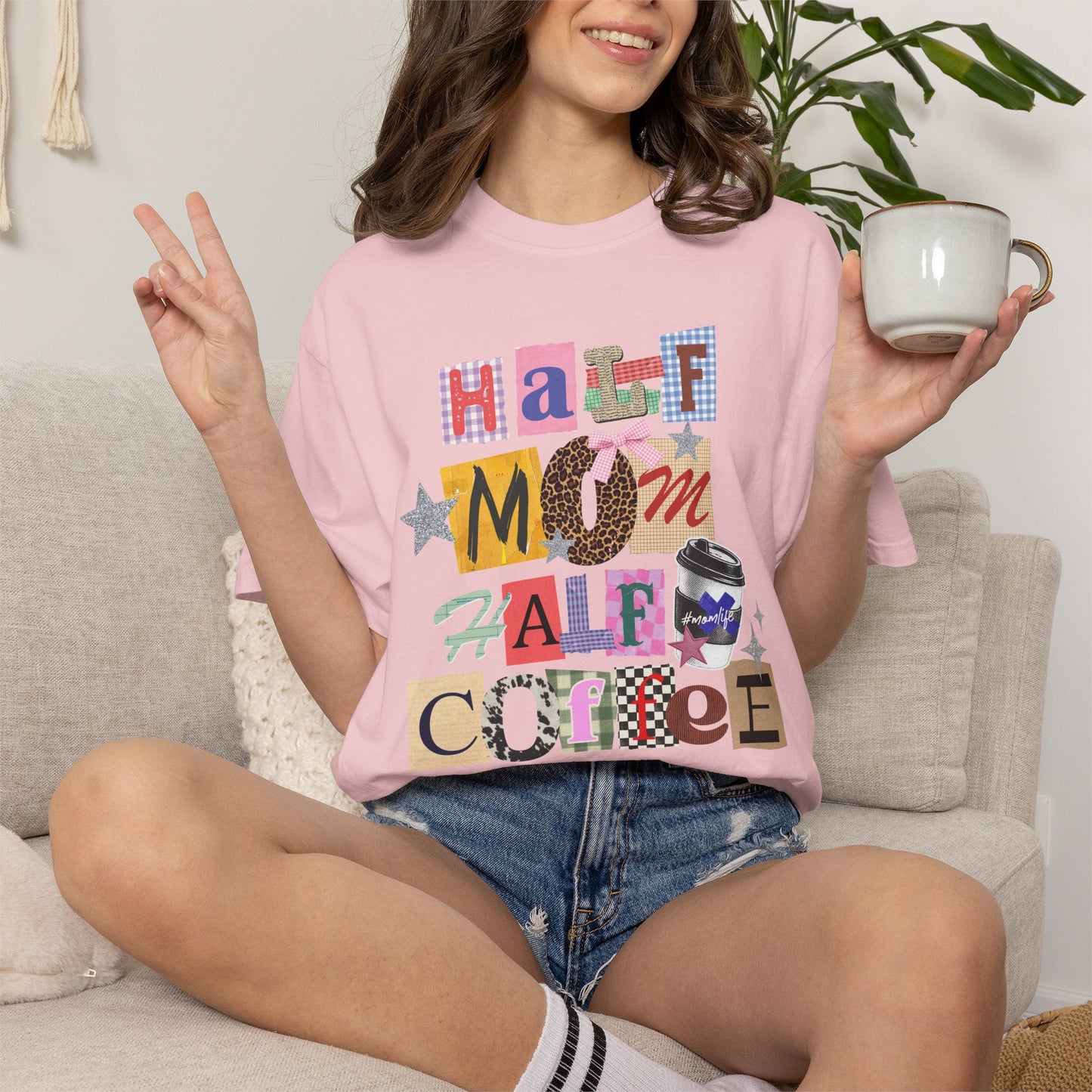 Half Mom Half Coffee Graphic Tee • Funny Mom Shirt Women • Trendy Patchwork Mixed Print Leopard Gingham Tee • Mom Life Shirt
