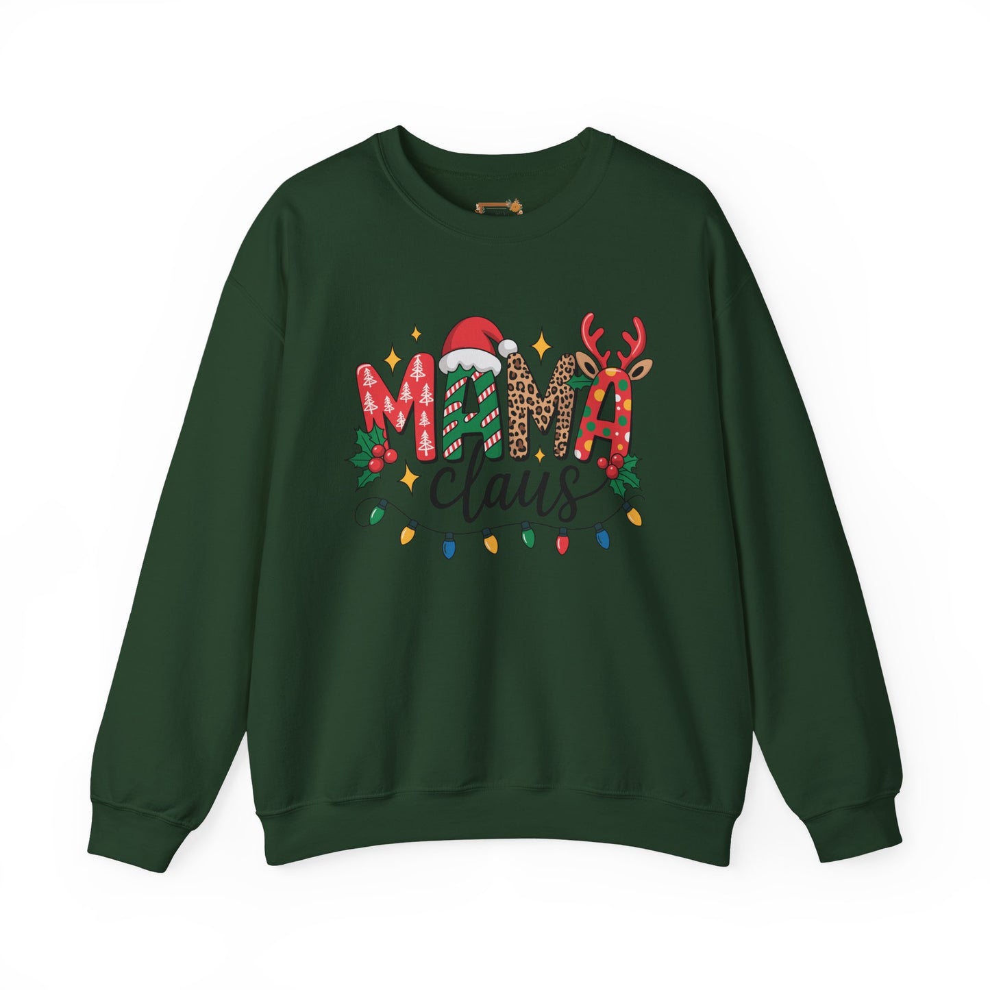Mama Claus Christmas Sweatshirt | Leopard & Candy Cane Holiday Crewneck | Festive Lights Sweater for Moms | Cute Christmas Outfit