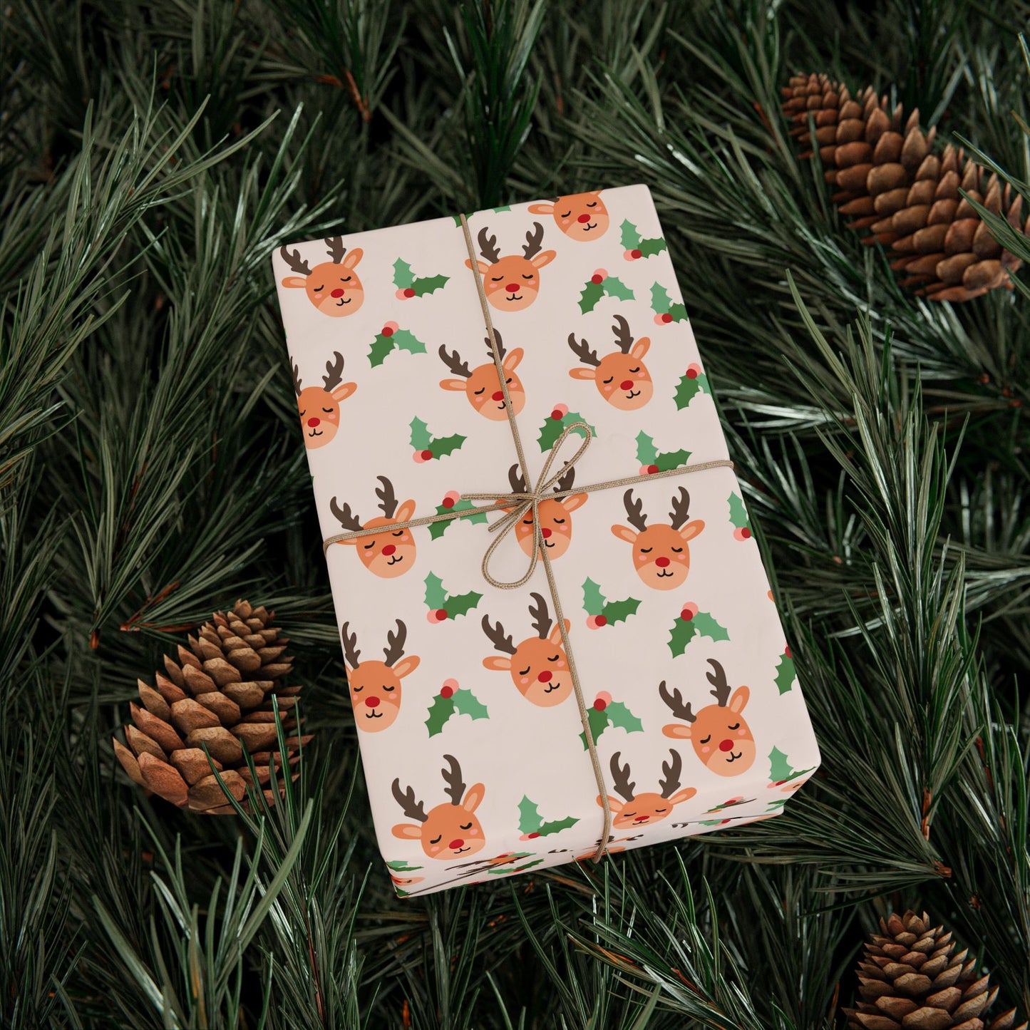 Sleepy Reindeer Wrapping Paper | Minimal Christmas Pattern | Cute Deer & Holly Print | Cozy Holiday Gift Wrap & Winter Decor