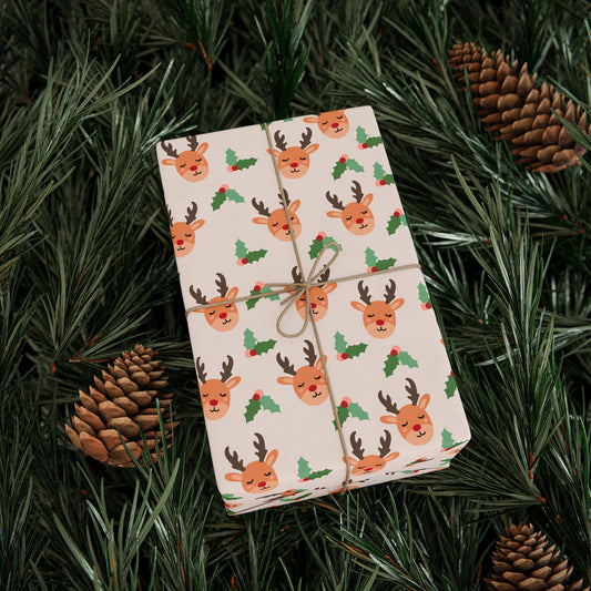 Sleepy Reindeer Wrapping Paper | Minimal Christmas Pattern | Cute Deer & Holly Print | Cozy Holiday Gift Wrap & Winter Decor