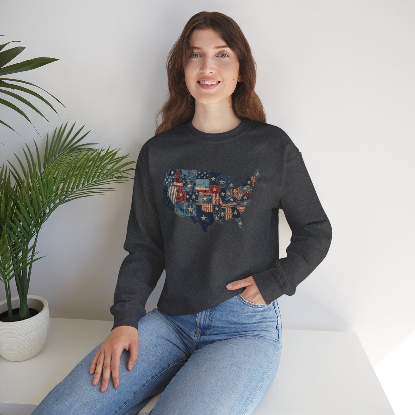 Patchwork American Flag Sweatshirt • USA Denim Map Crewneck • Patriotic Vintage Stars Graphic