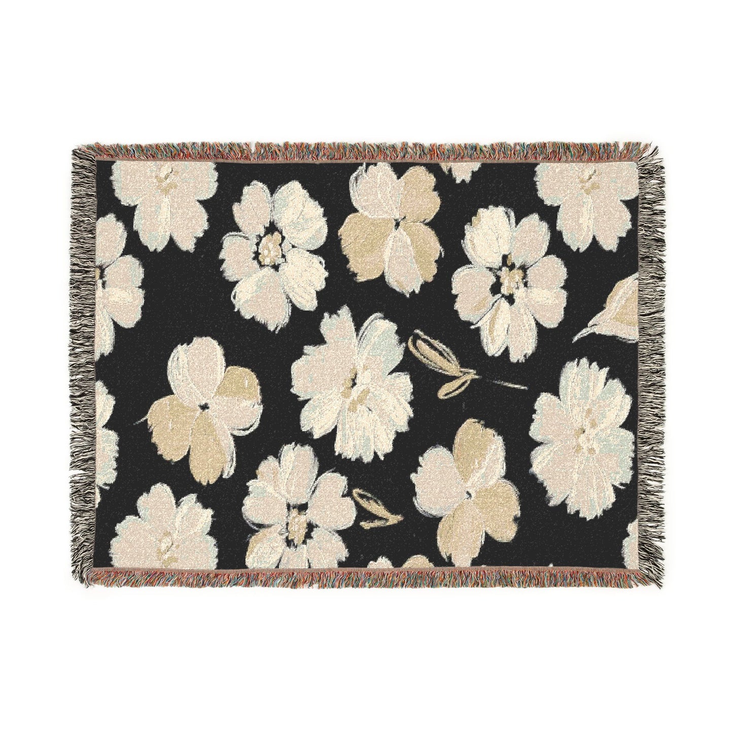 Black & White Painted Floral Woven Blanket — Monochrome Floral Throw