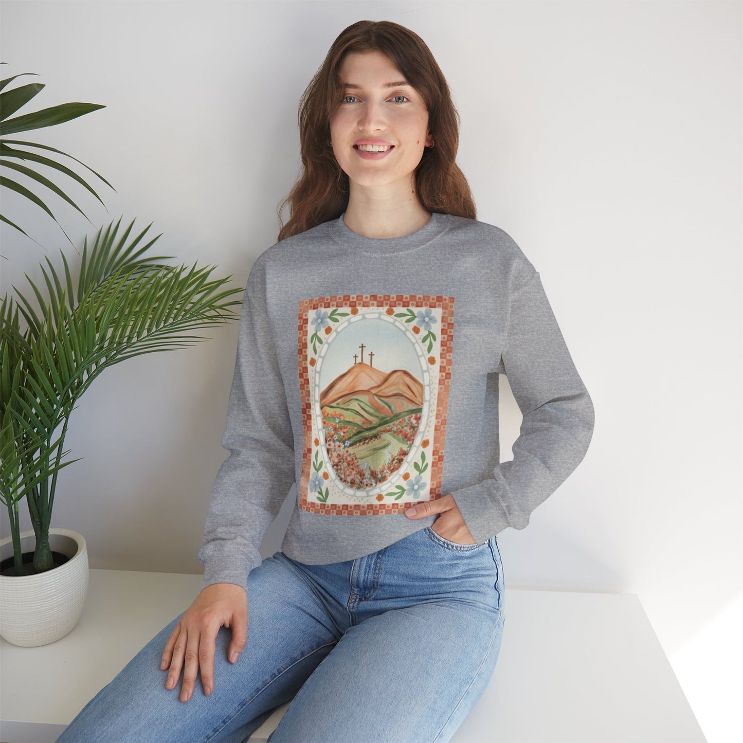 Easter Landscape Faith Sweatshirt (Front Only) • Christian Mountain Cross Crewneck • Floral Resurrection Scene Graphic