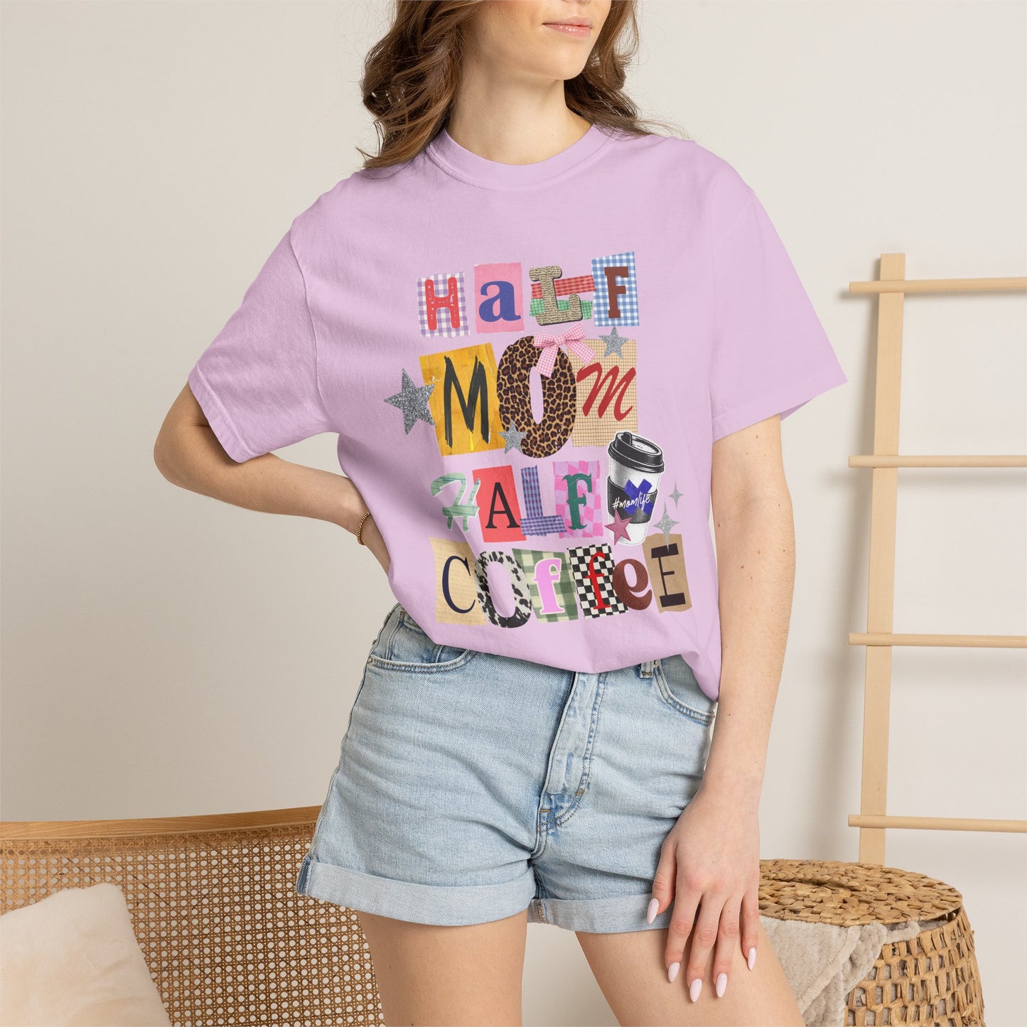 Half Mom Half Coffee Graphic Tee • Funny Mom Shirt Women • Trendy Patchwork Mixed Print Leopard Gingham Tee • Mom Life Shirt