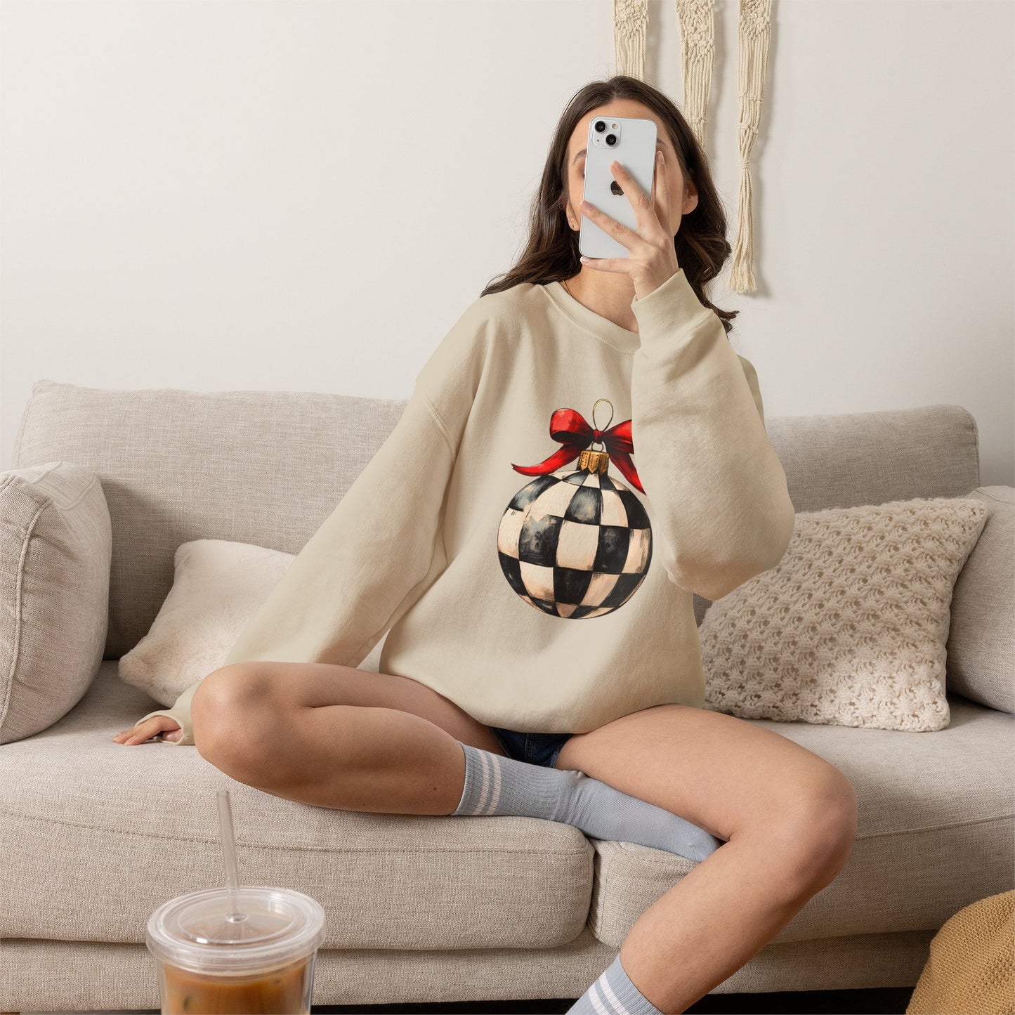 Checkerboard Ornament Crewneck Sweatshirt — Vintage Black & White Holiday Pullover