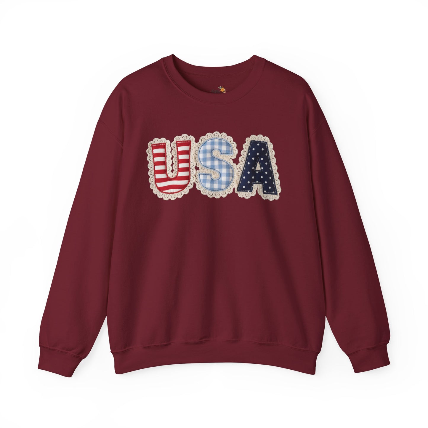 Feux Laced USA Patchwork Sweatshirt • Preppy Patriotic Crewneck • Coquette Americana Sweatshirt • Red White Blue Mama Style