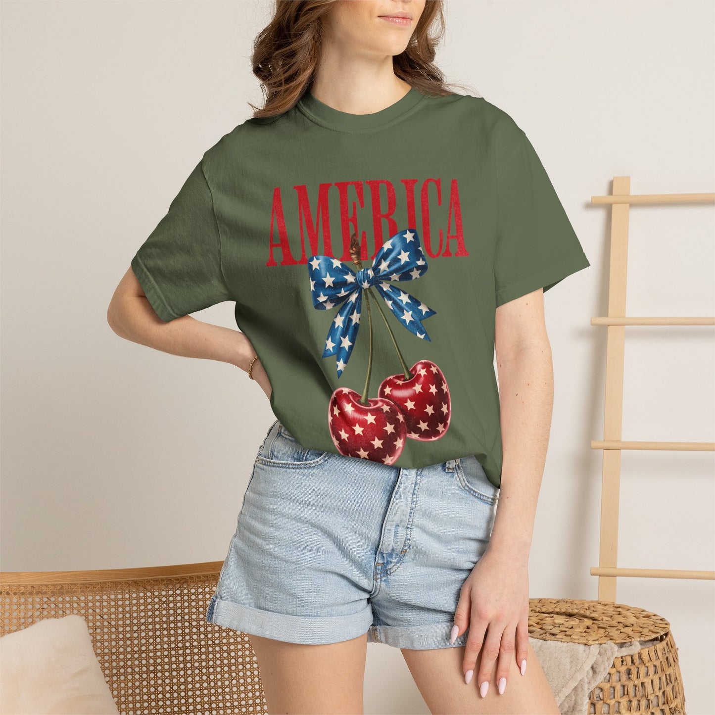 America Cherry Bow T-Shirt • 4th of July Coquette Tee • Red White Blue Graphic Shirt