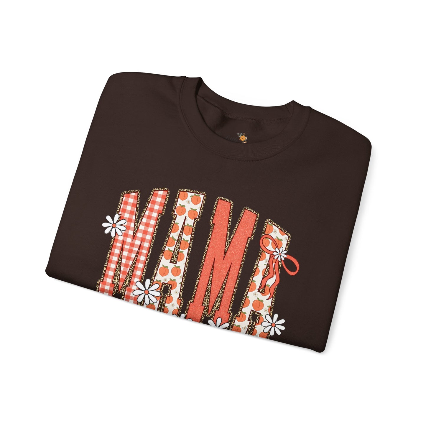 Daisy Peach MAMA Floral Sweatshirt • Spring Graphic Crew • Peach Gingham Mom pullover • Feminine Boutique Everyday Outfit