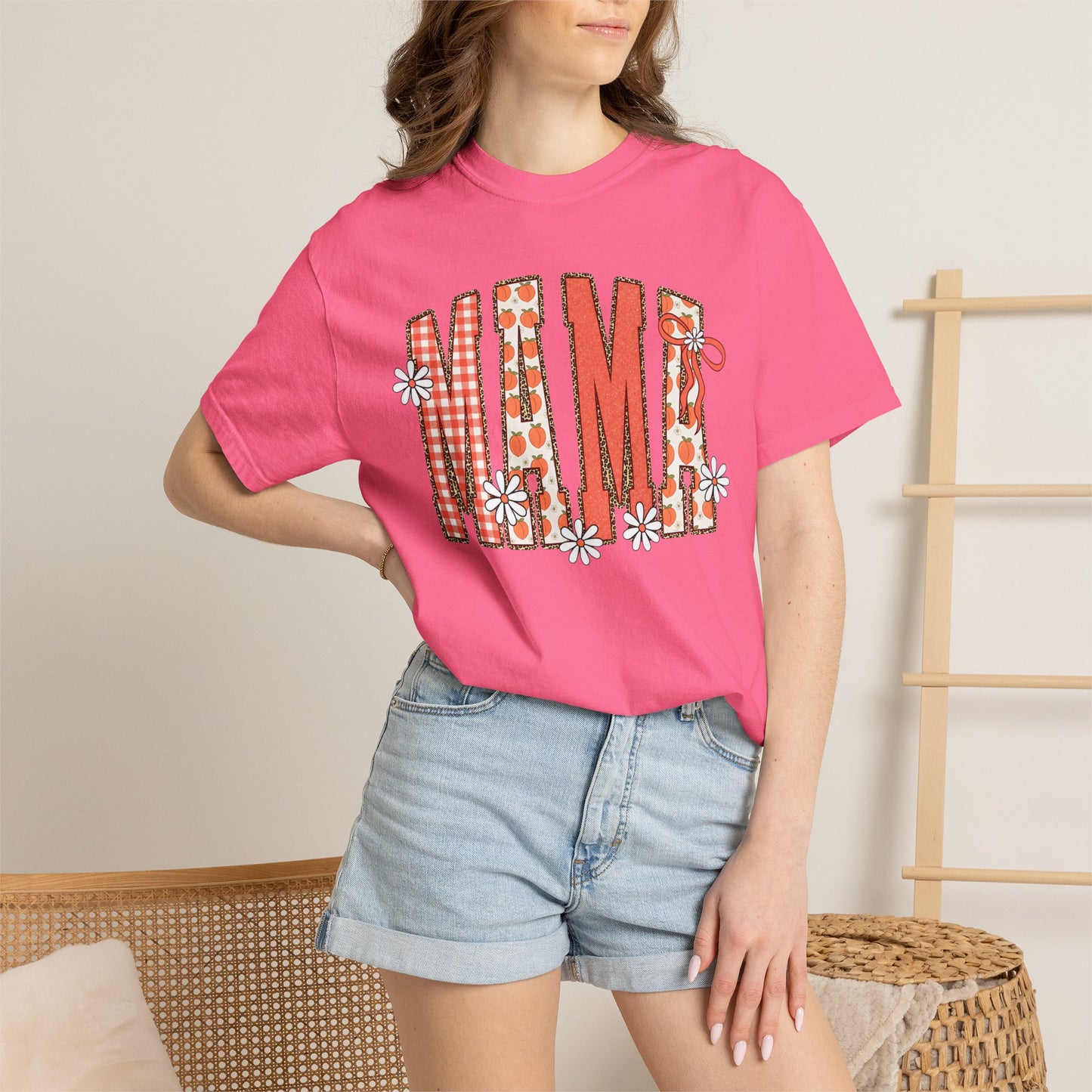 Daisy Peach MAMA Floral Shirt • Spring Graphic Tee • Peach Gingham Mom Shirt • Feminine Boutique Everyday Outfit