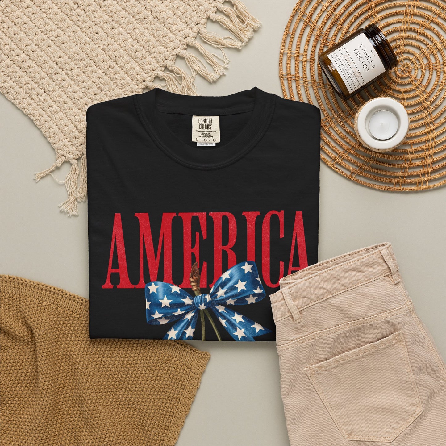 America Cherry Bow T-Shirt • 4th of July Coquette Tee • Red White Blue Graphic Shirt