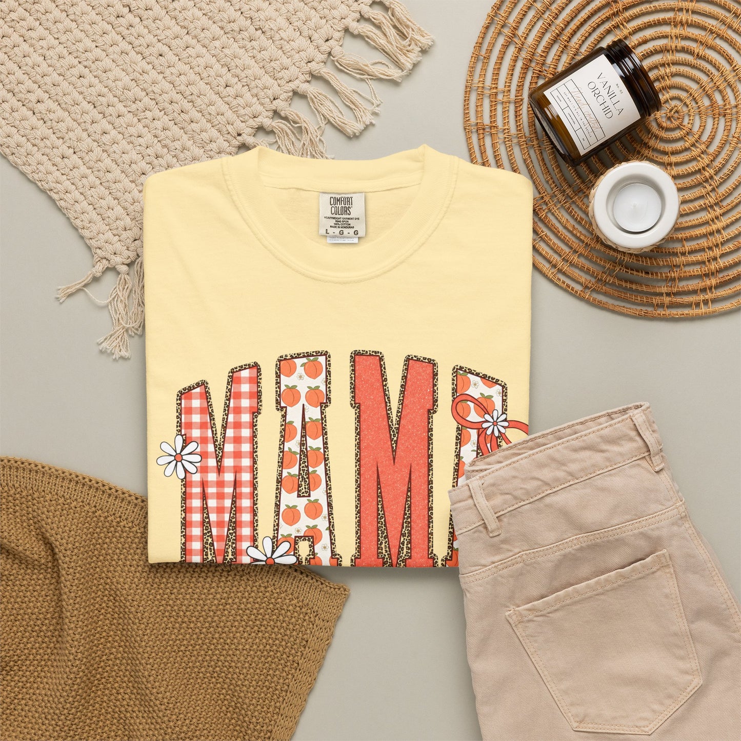 Daisy Peach MAMA Floral Shirt • Spring Graphic Tee • Peach Gingham Mom Shirt • Feminine Boutique Everyday Outfit