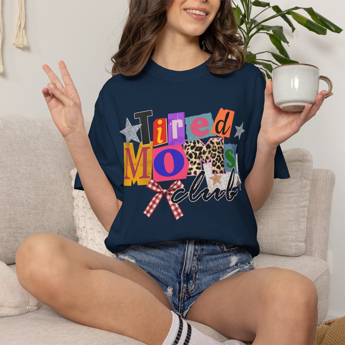 Tired Moms Club Shirt Women • Funny Mom Shirt • Trendy Patchwork Leopard Gingham Graphic Tee • Relatable Mom Outfit