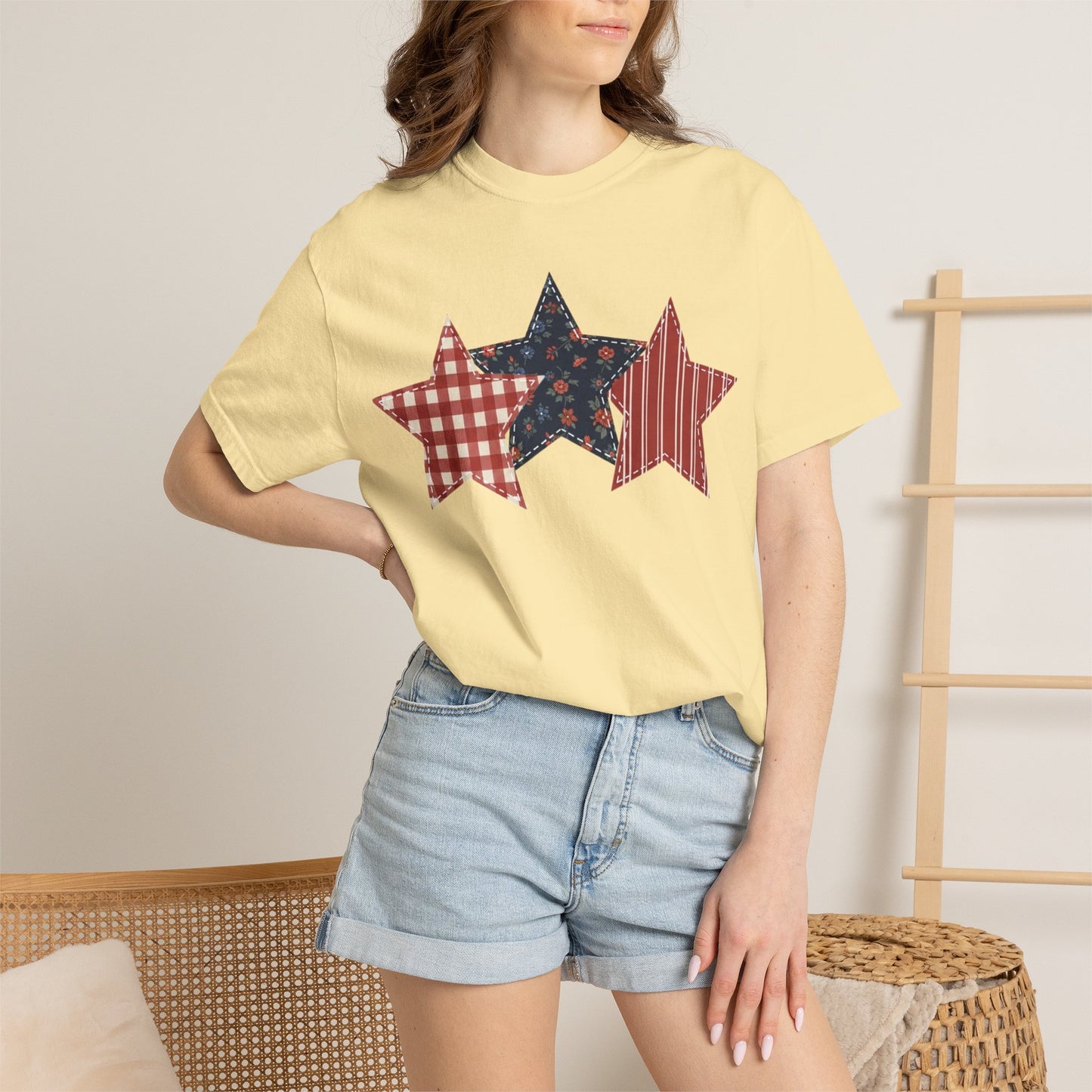4th of July Patchwork Star T-Shirt for Summer nights • Floral Gingham Red White Blue USA Tee • Patriotic Outfit
