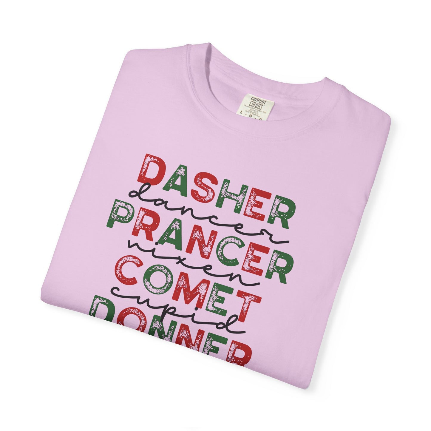 Reindeer Names Christmas T-Shirt — Dasher, Dancer, Prancer, Vixen, Comet, Cupid, Donner, Rudolph