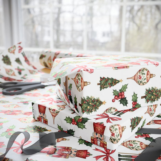 Nutcracker Christmas Wrapping Paper | Vintage Holiday Pattern | Watercolor Ornaments & Holly | Classic Christmas Gift Wrap