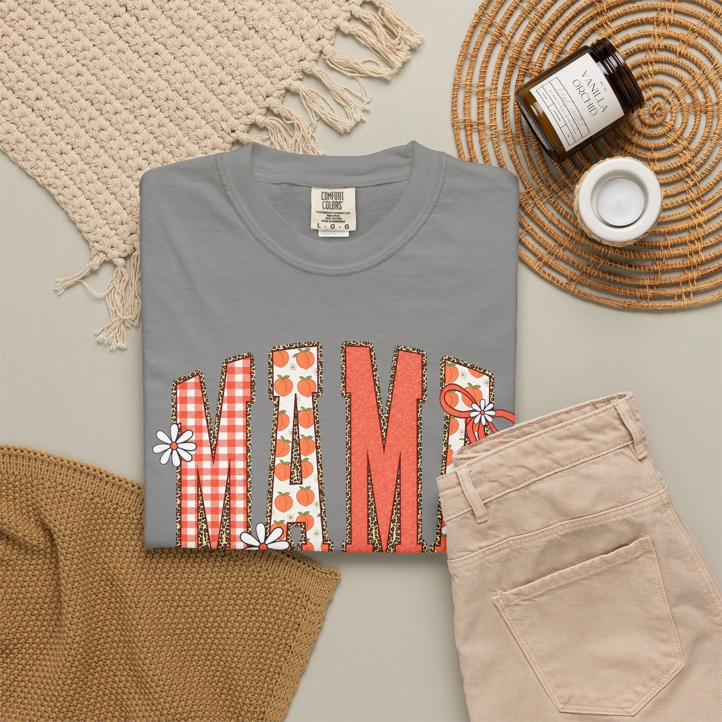 Daisy Peach MAMA Floral Shirt • Spring Graphic Tee • Peach Gingham Mom Shirt • Feminine Boutique Everyday Outfit