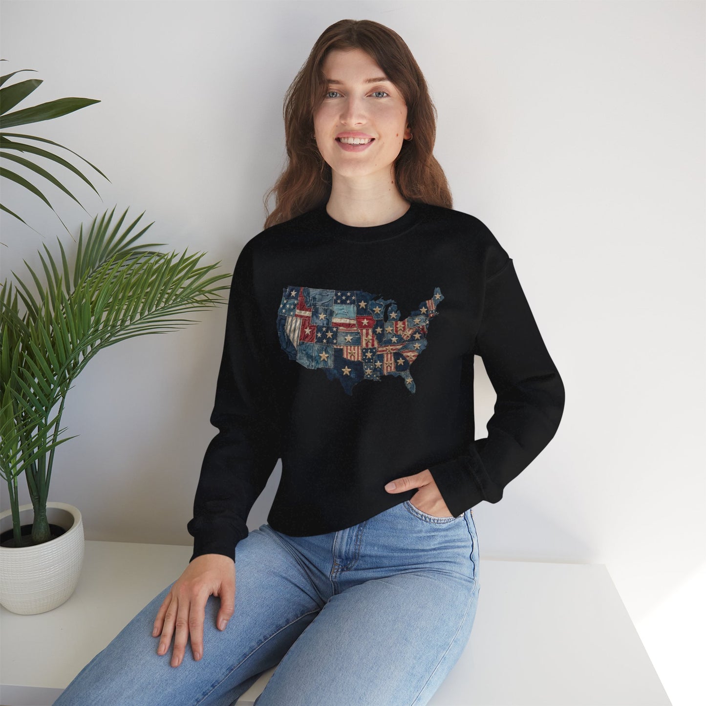 Patchwork American Flag Sweatshirt • USA Denim Map Crewneck • Patriotic Vintage Stars Graphic