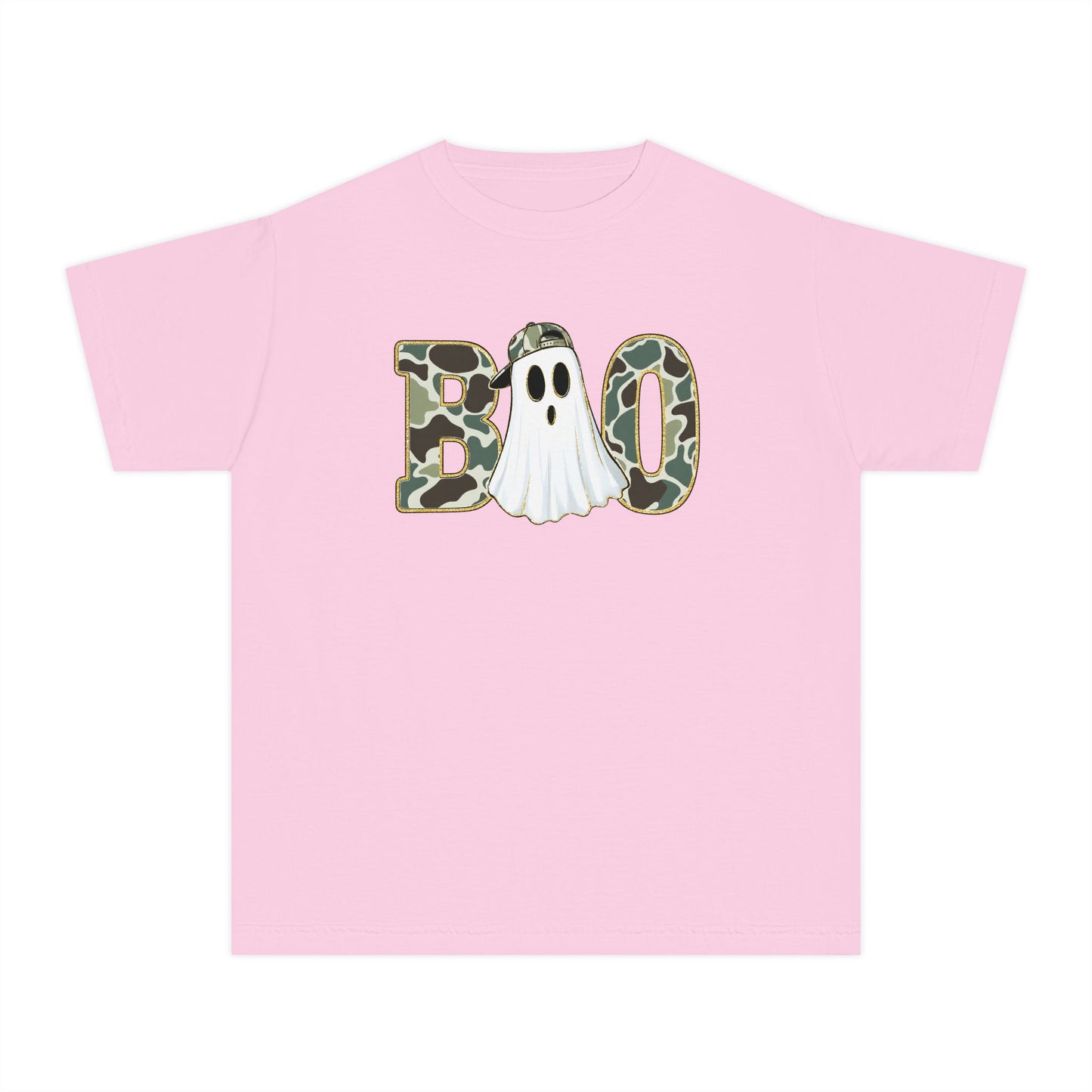 BOO Ghost Youth Tee — Camo Pattern Halloween Shirt for Kids