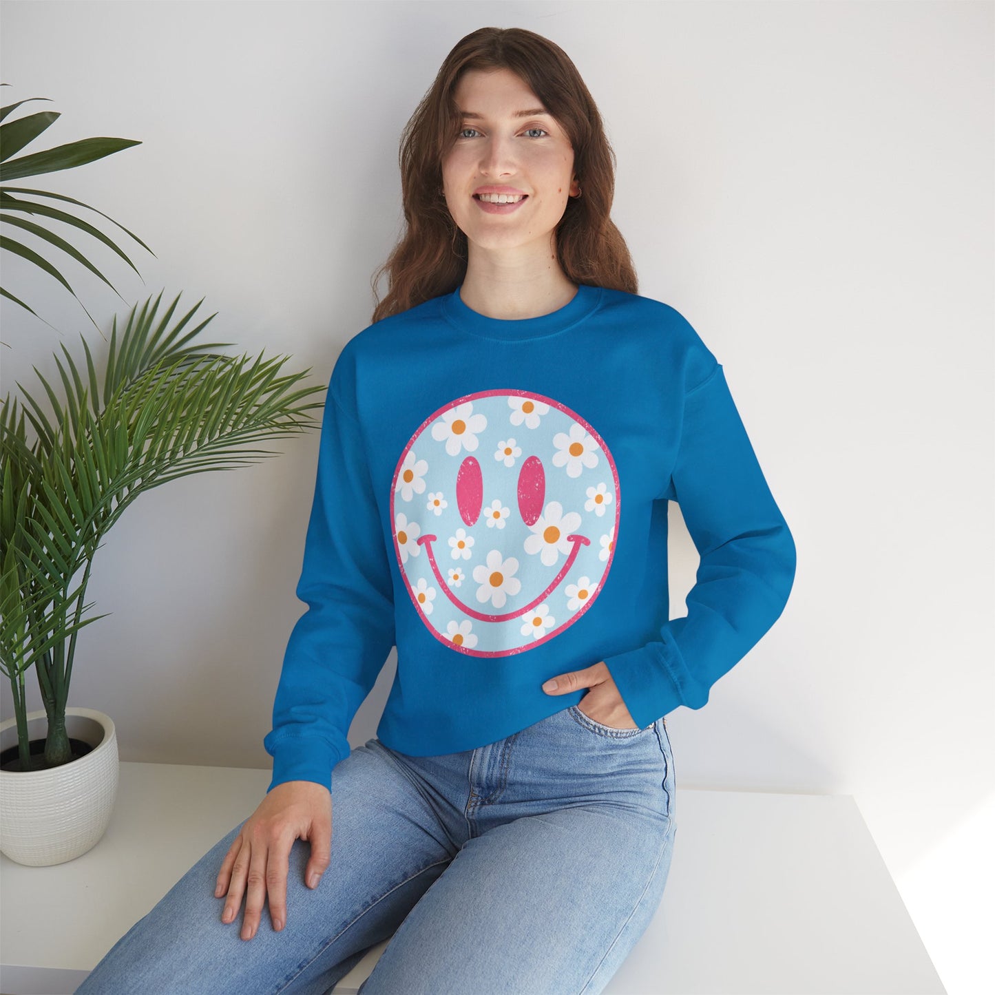Retro Daisy Smile Sweatshirt • Floral Happy Face Crewneck • Cute Mama Cozy Sweatshirt