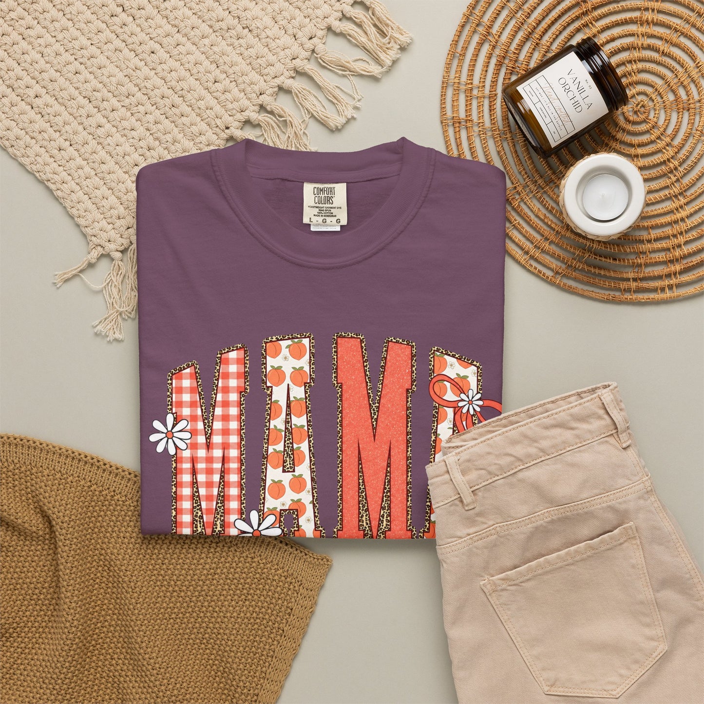 Daisy Peach MAMA Floral Shirt • Spring Graphic Tee • Peach Gingham Mom Shirt • Feminine Boutique Everyday Outfit