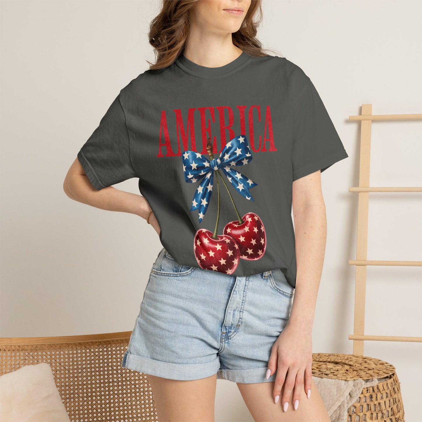 America Cherry Bow T-Shirt • 4th of July Coquette Tee • Red White Blue Graphic Shirt