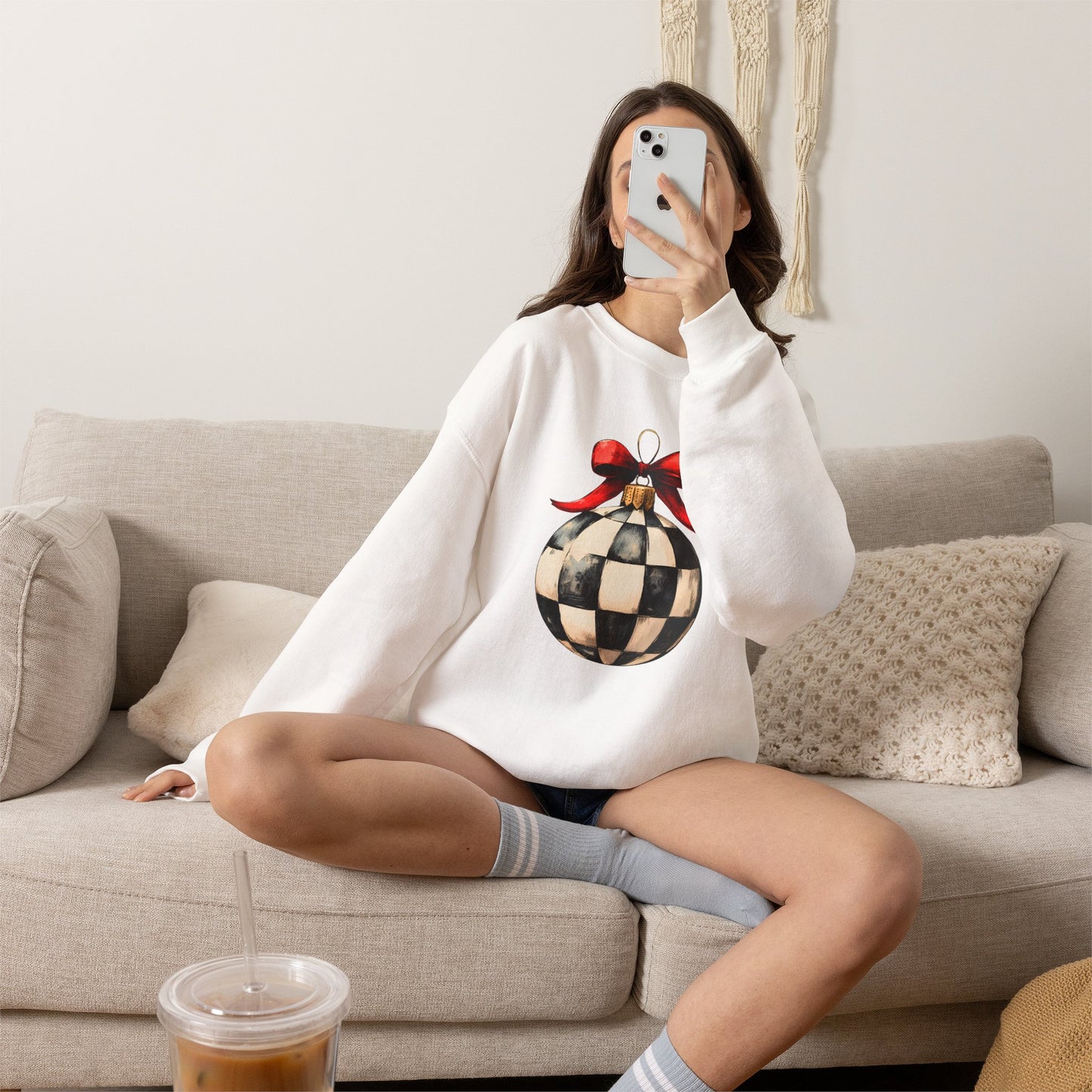 Checkerboard Ornament Crewneck Sweatshirt — Vintage Black & White Holiday Pullover