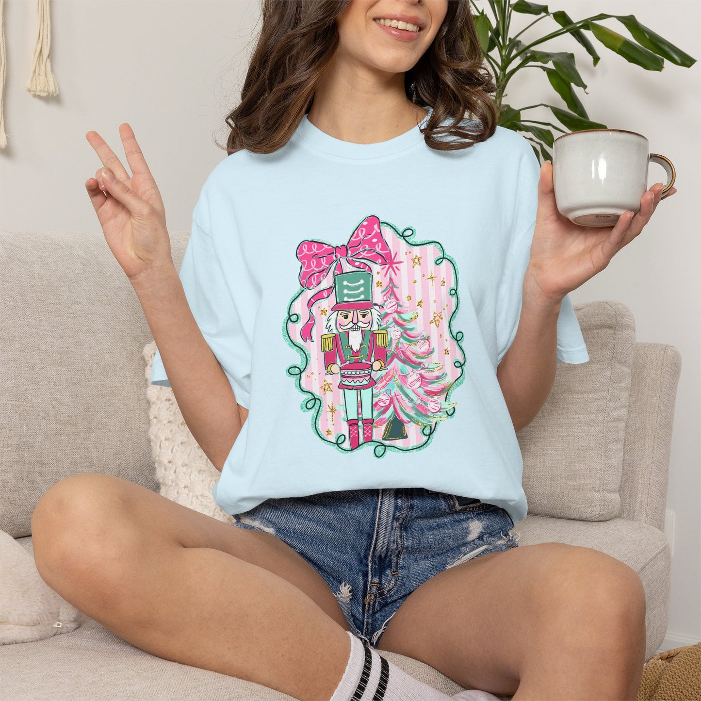 Nutcracker Christmas T-Shirt — Cute Pink Nutcracker with Ribbon Holiday Tee