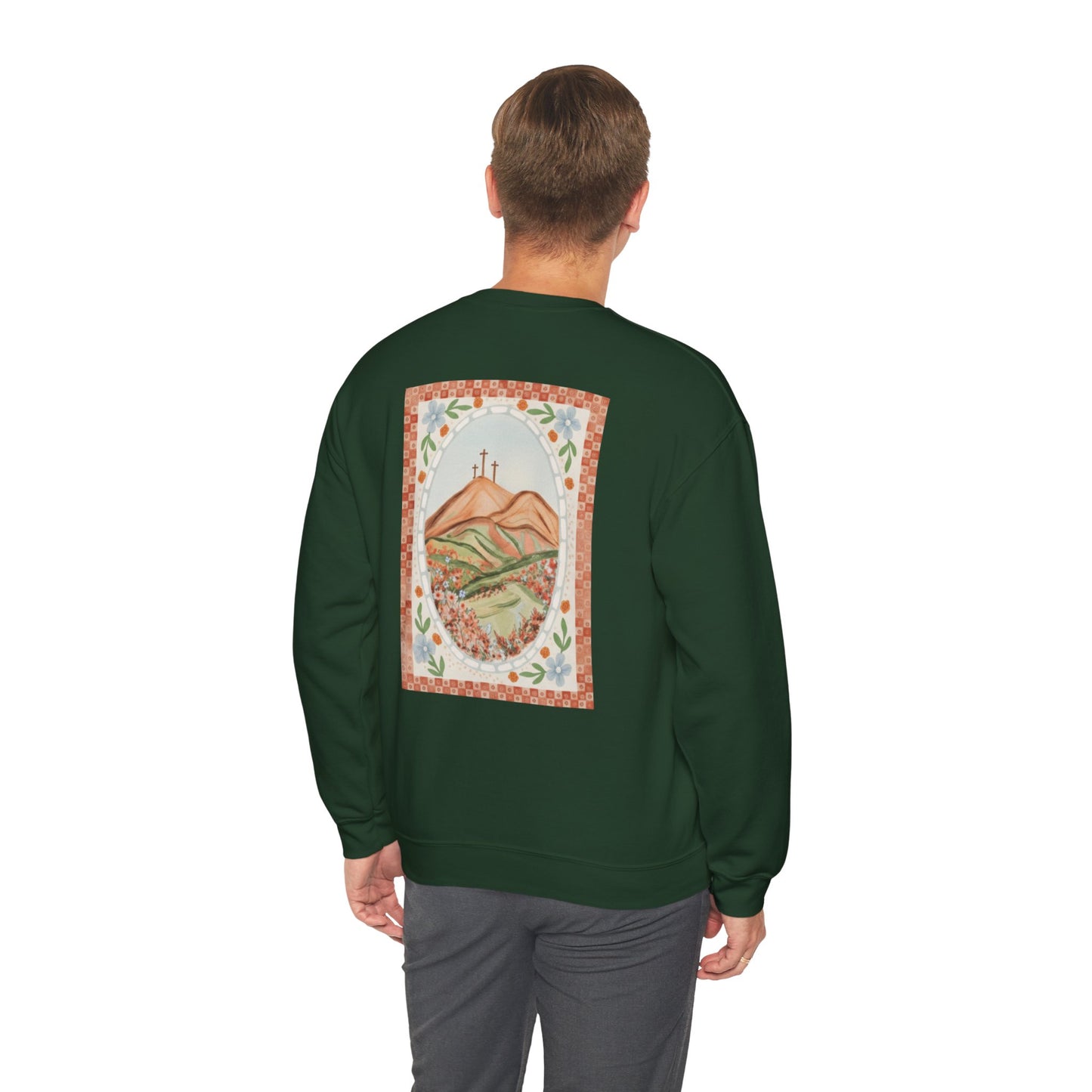 Easter Landscape Faith Sweatshirt (Front & Back) • Christian Mountain Cross Crewneck • Floral Resurrection Scene Graphic