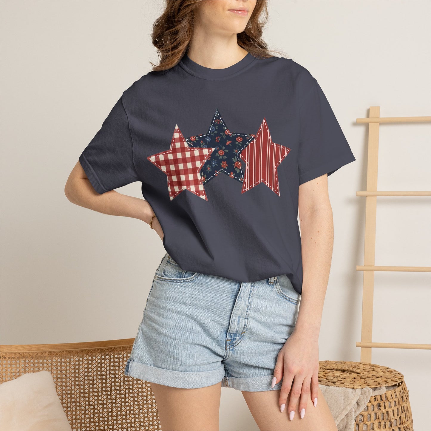 4th of July Patchwork Star T-Shirt for Summer nights • Floral Gingham Red White Blue USA Tee • Patriotic Outfit