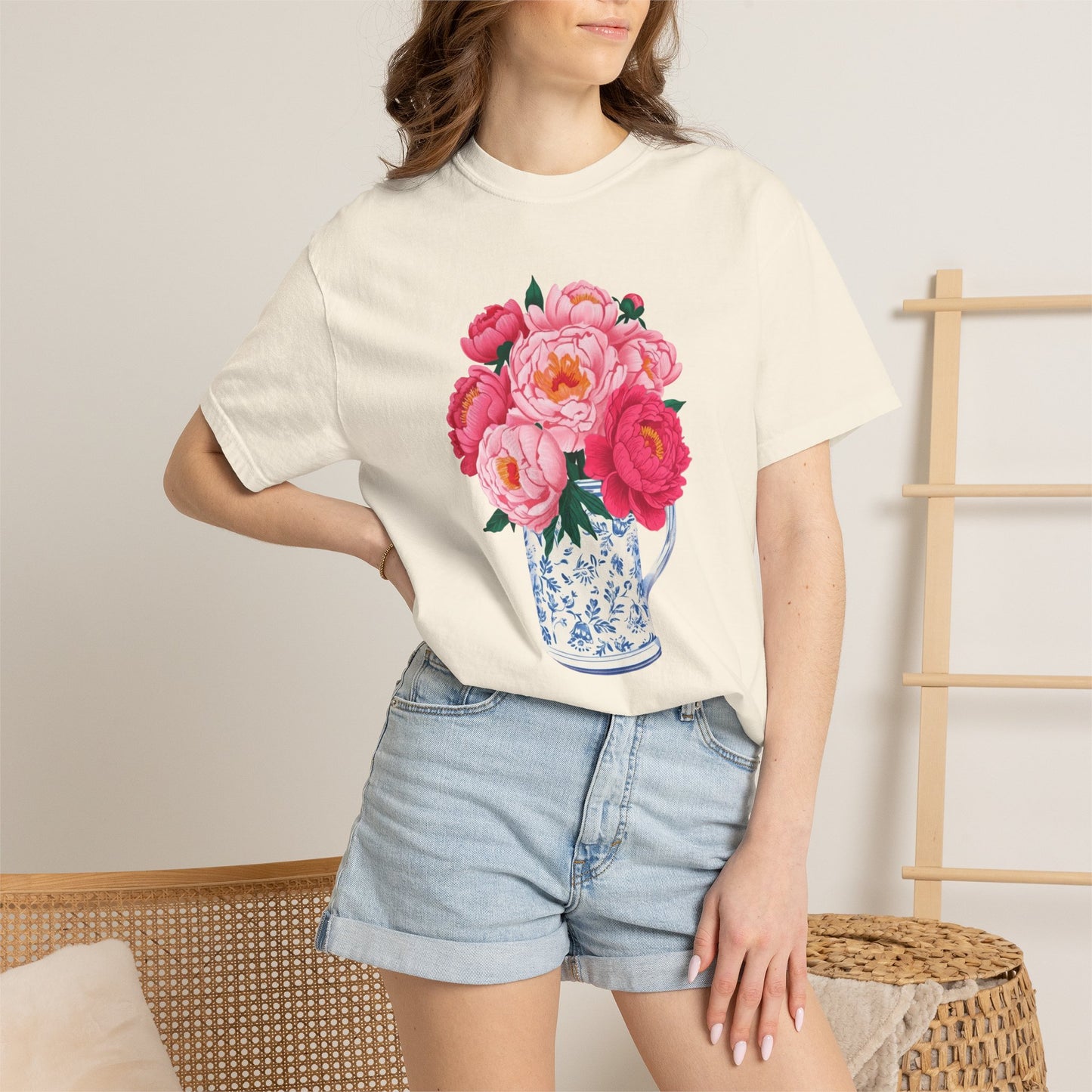 Peony Bouquet T-Shirt — Pink Peony in Vintage White & Blue Floral Vase