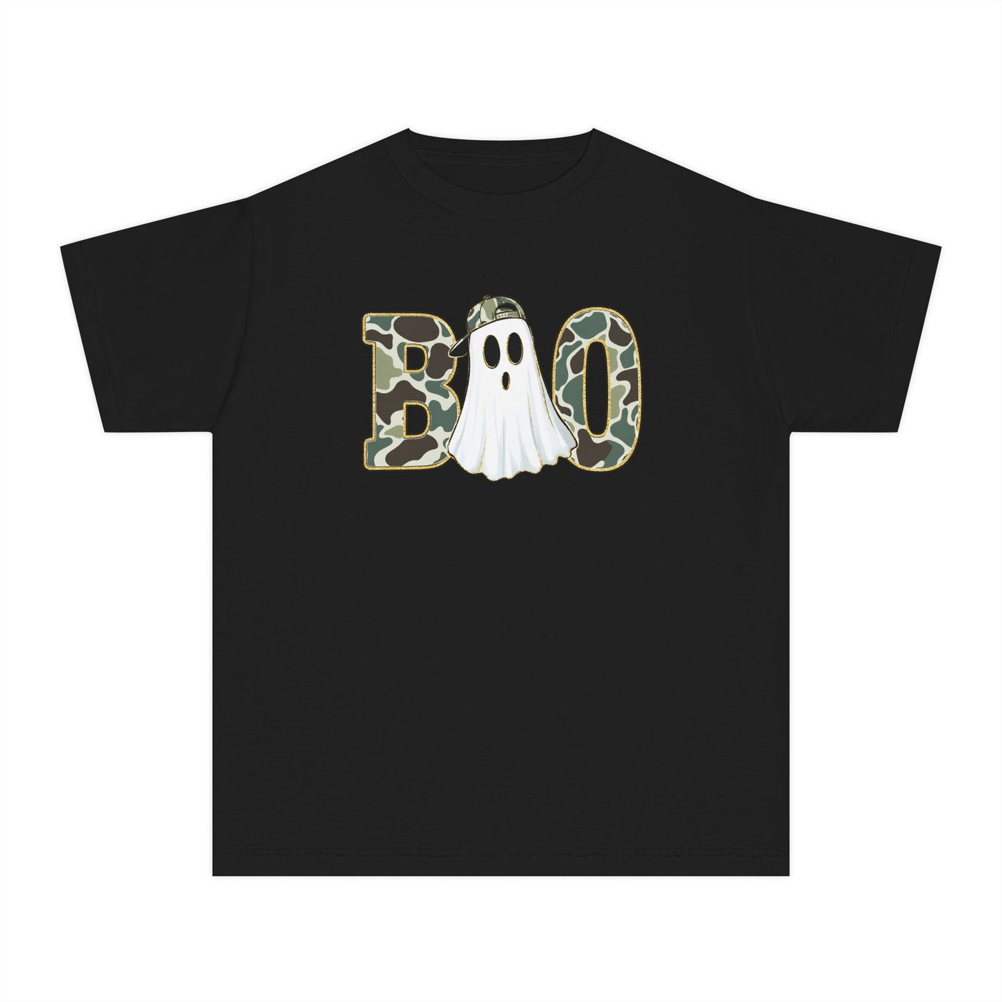 BOO Ghost Youth Tee — Camo Pattern Halloween Shirt for Kids