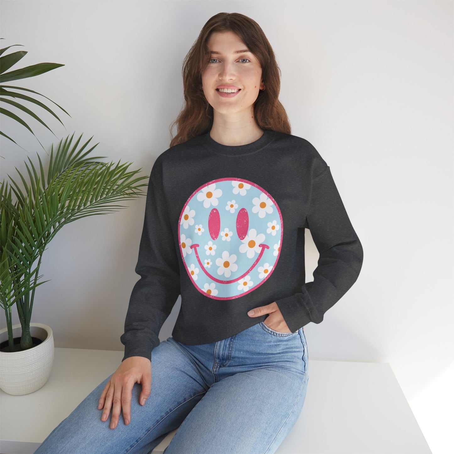 Retro Daisy Smile Sweatshirt • Floral Happy Face Crewneck • Cute Mama Cozy Sweatshirt