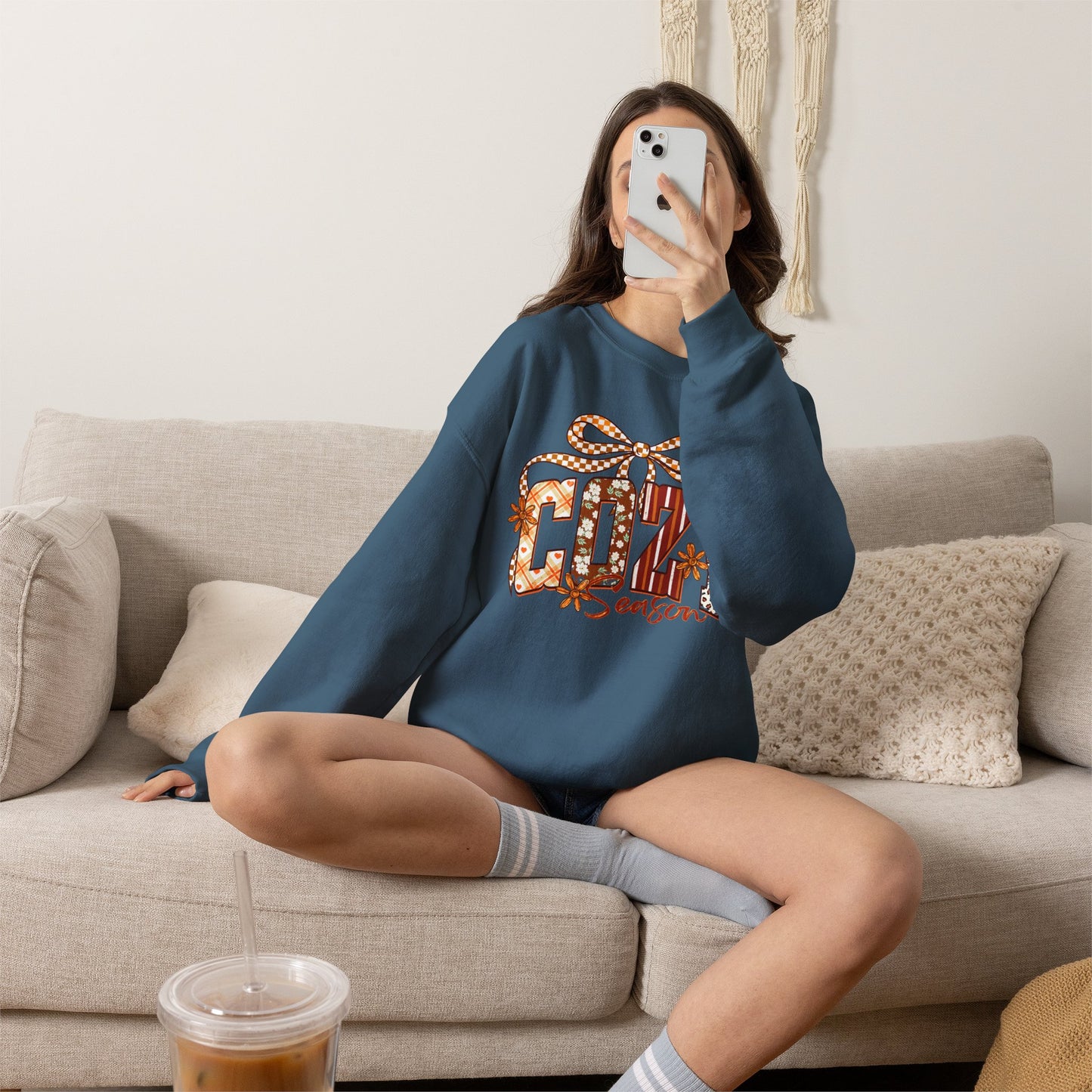 Cozy Season Sweatshirt — Holiday Gift Bow Graphic Crewneck