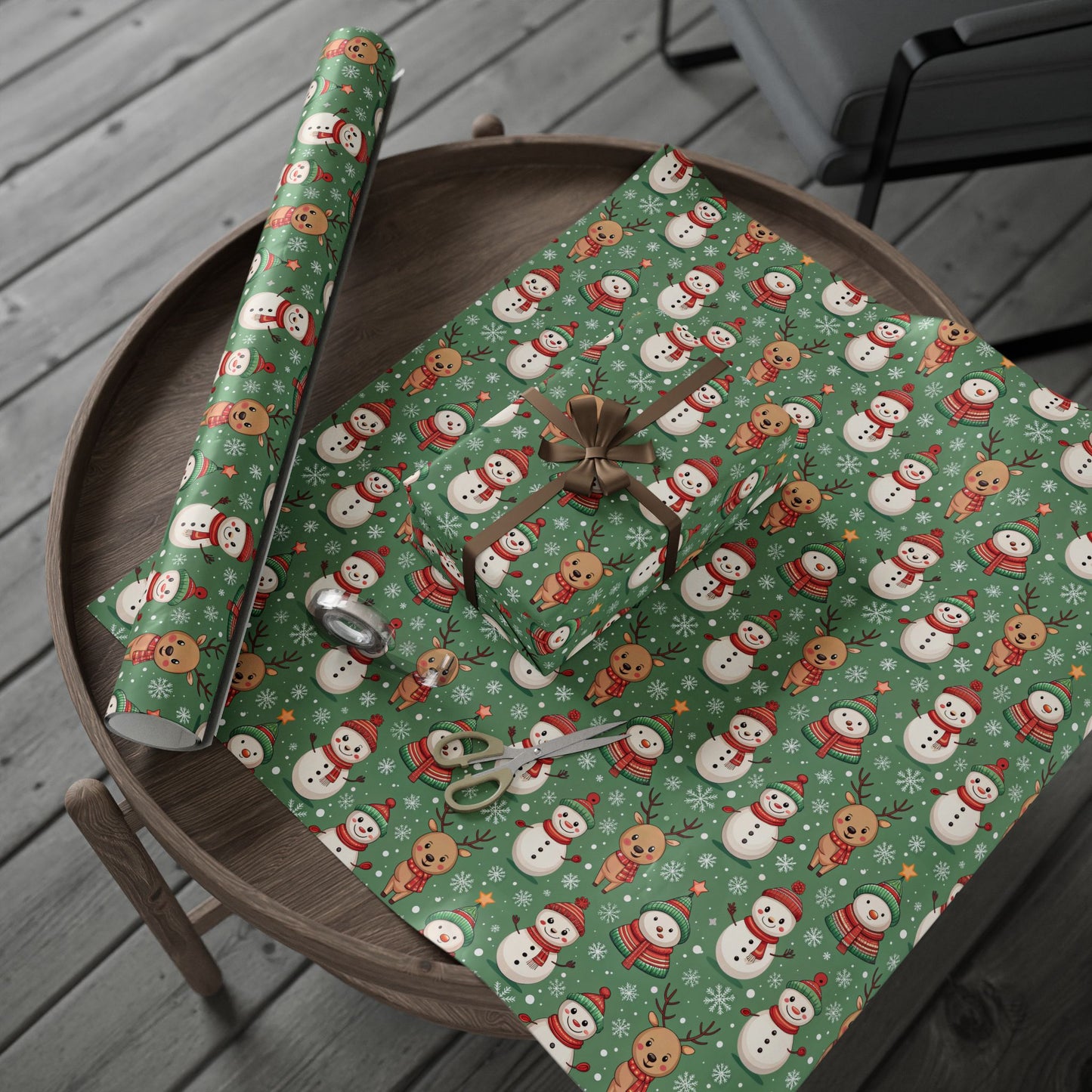 Snowman & Reindeer Christmas Wrapping Paper & Blanket | Cozy Green Winter Pattern | Cute Holiday Gift Wrap | Whimsical Christmas Decor