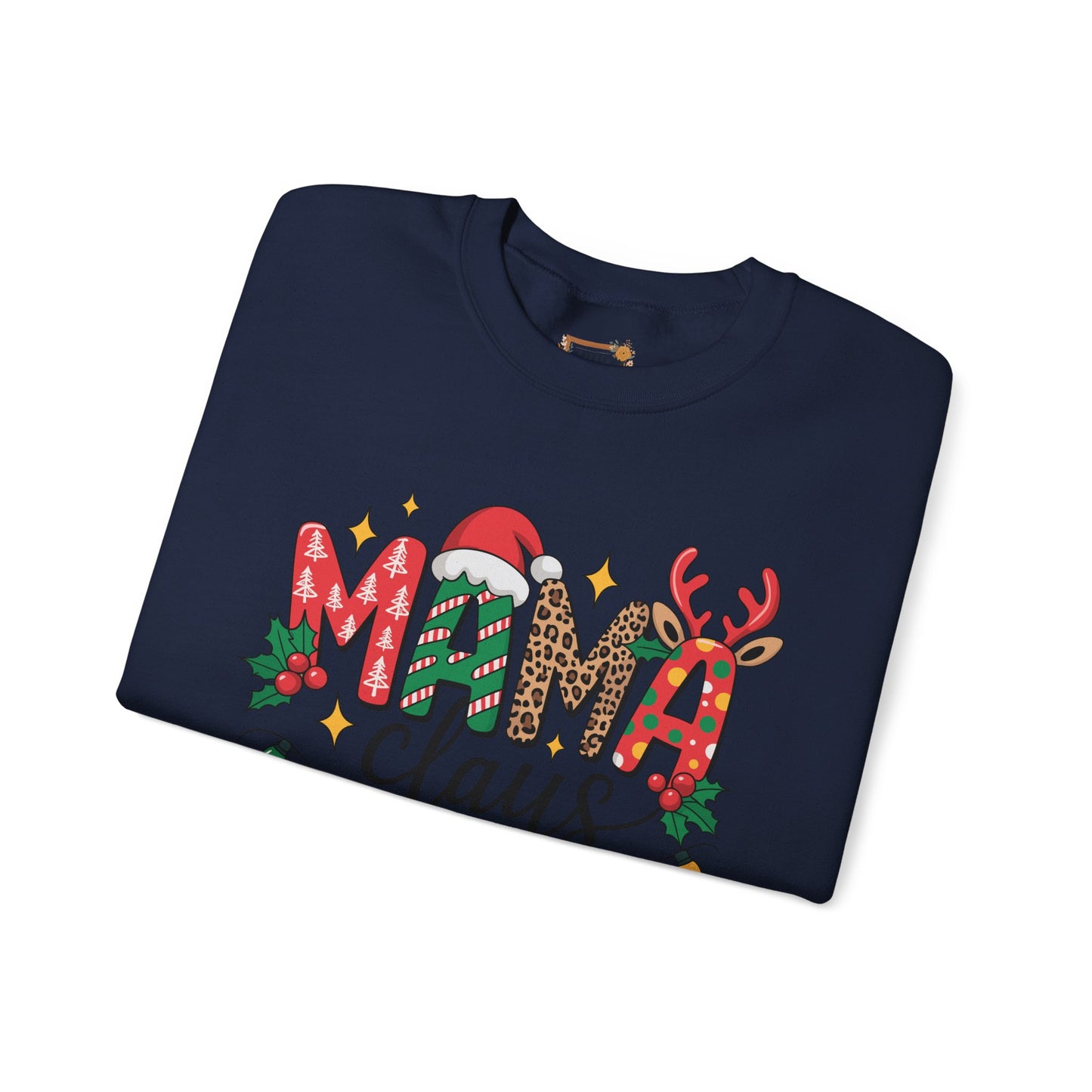 Mama Claus Christmas Sweatshirt | Leopard & Candy Cane Holiday Crewneck | Festive Lights Sweater for Moms | Cute Christmas Outfit